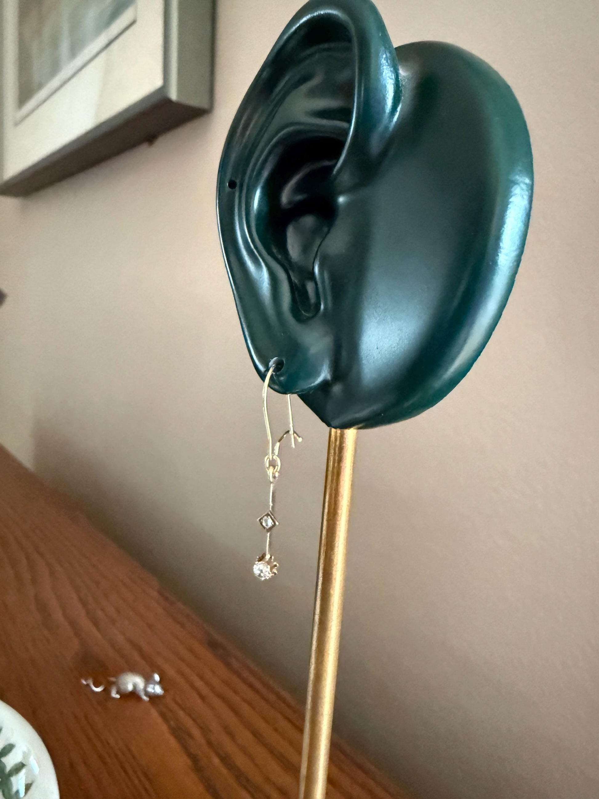 VICTORIAN Antique Old Mine Cut DIAMOND Rose Cut Dangle Earrings Linear 18k Gold 14k Ear Wires French Belle Epoque Buttercup Minimalist Gift