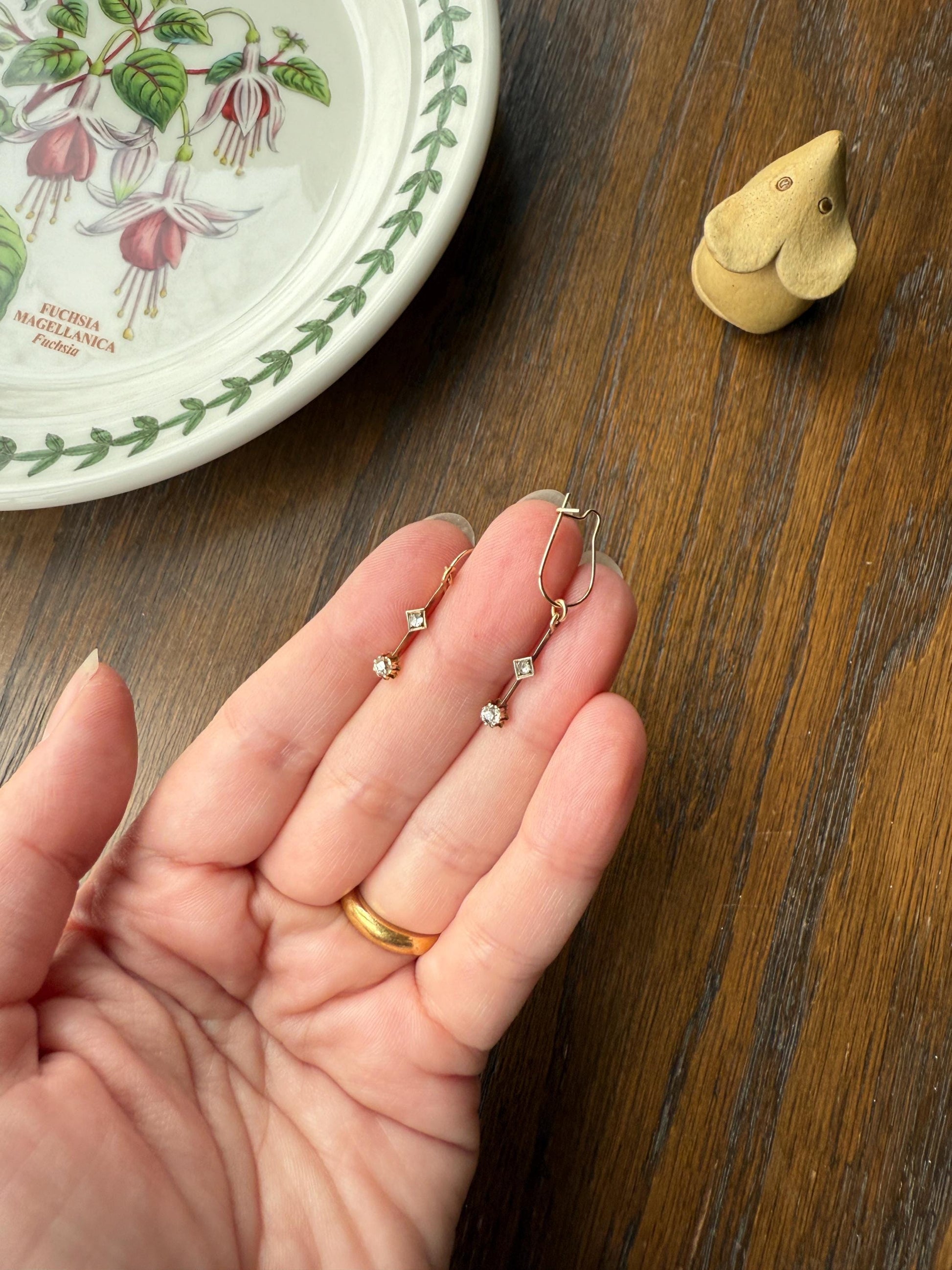 VICTORIAN Antique Old Mine Cut DIAMOND Rose Cut Dangle Earrings Linear 18k Gold 14k Ear Wires French Belle Epoque Buttercup Minimalist Gift
