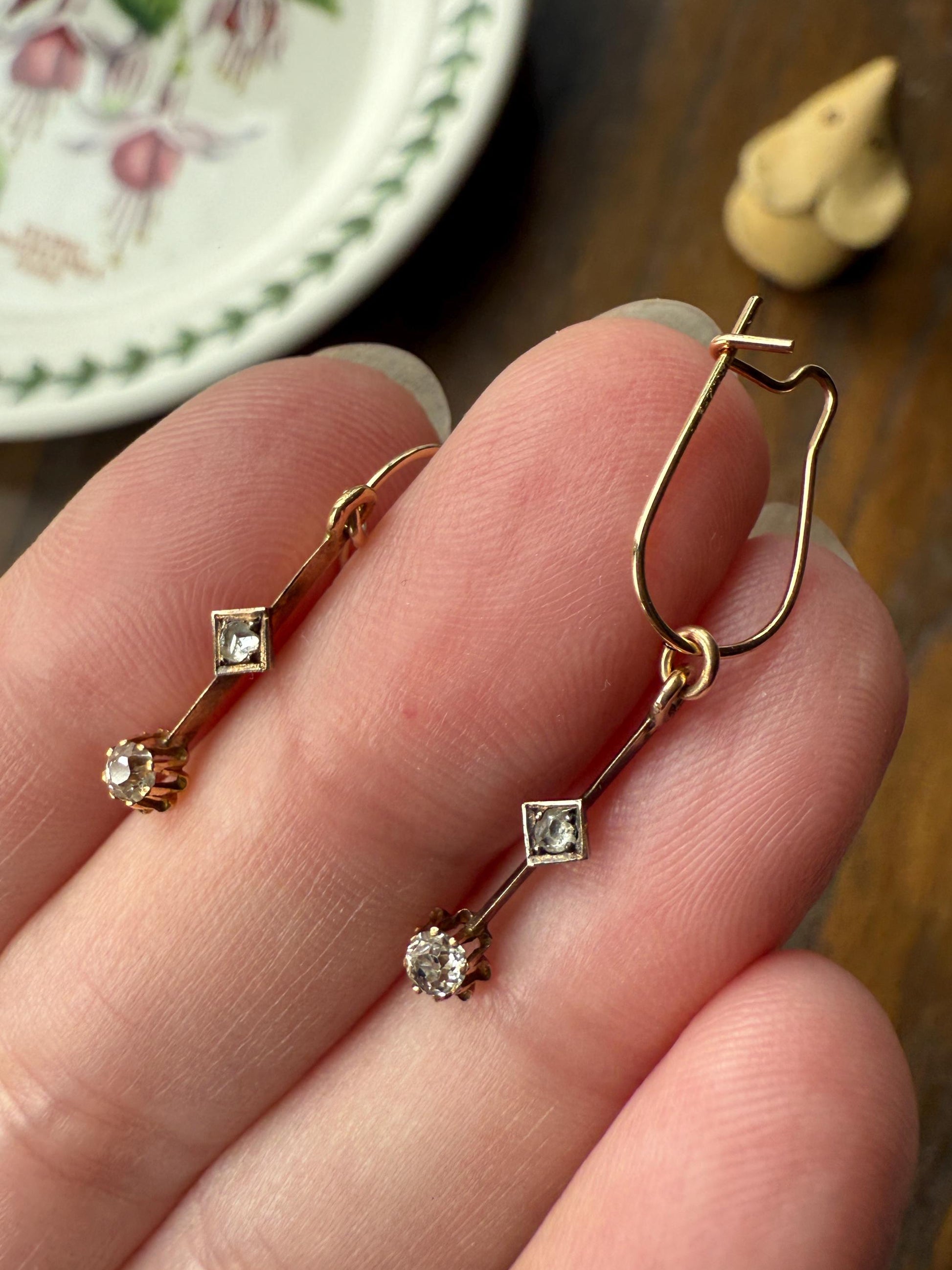 VICTORIAN Antique Old Mine Cut DIAMOND Rose Cut Dangle Earrings Linear 18k Gold 14k Ear Wires French Belle Epoque Buttercup Minimalist Gift