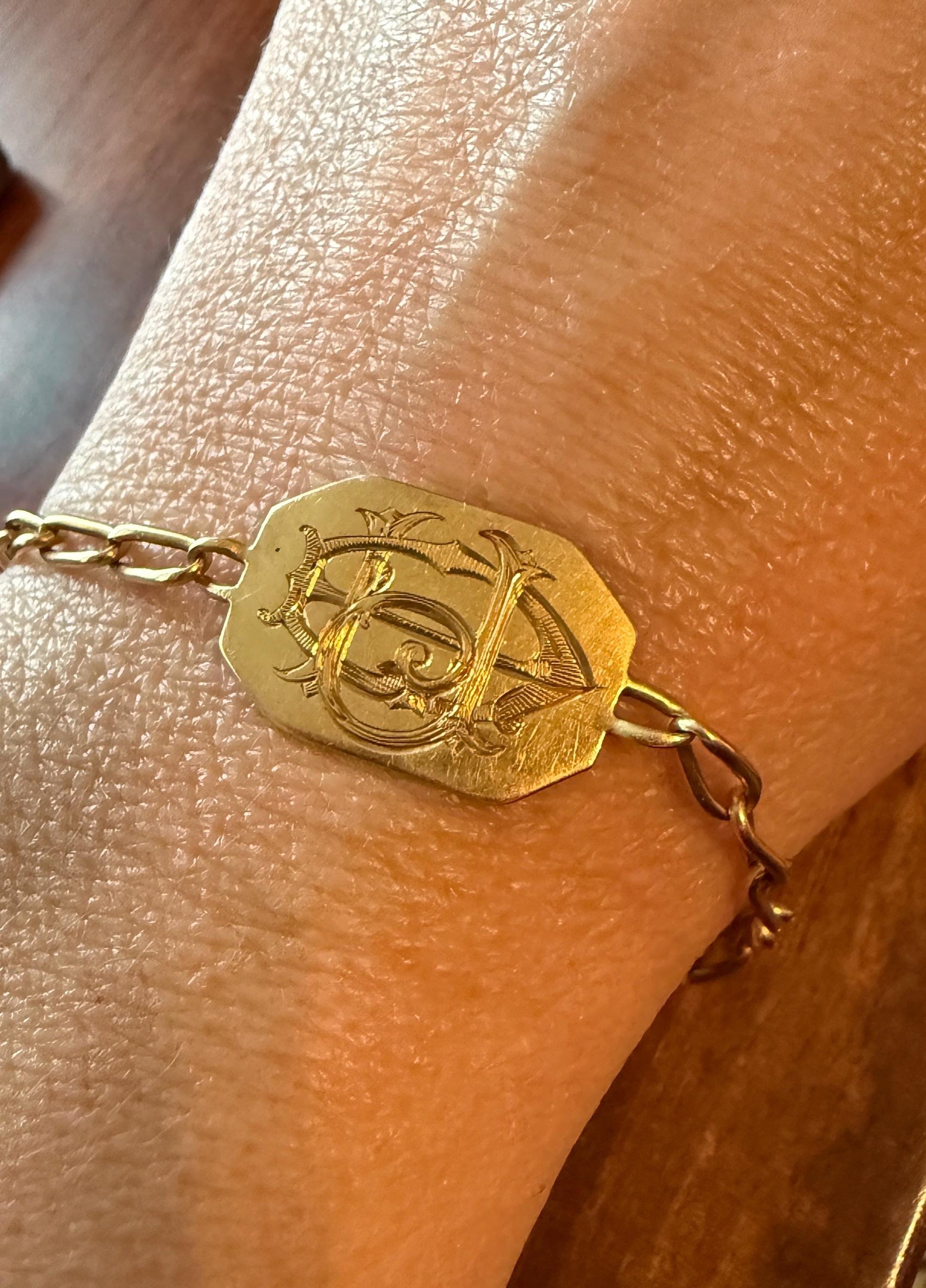 DATED 1902 December 21 Octagon Panel Engraved Initial Curb Chain Bracelet French Antique 18k Gold Solid Monogram E J D H P Letters