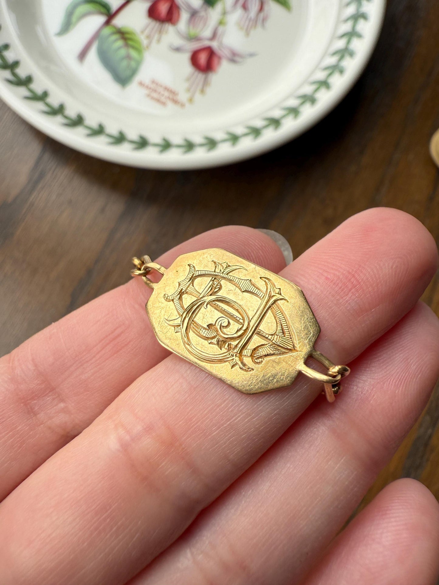 DATED 1902 December 21 Octagon Panel Engraved Initial Curb Chain Bracelet French Antique 18k Gold Solid Monogram E J D H P Letters