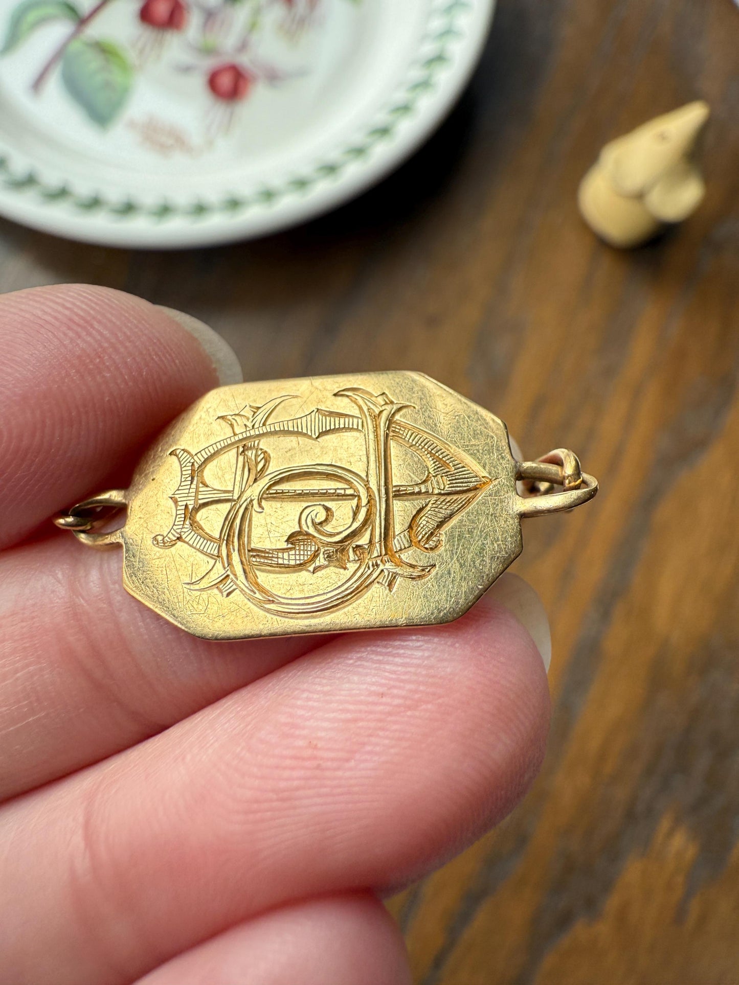 DATED 1902 December 21 Octagon Panel Engraved Initial Curb Chain Bracelet French Antique 18k Gold Solid Monogram E J D H P Letters
