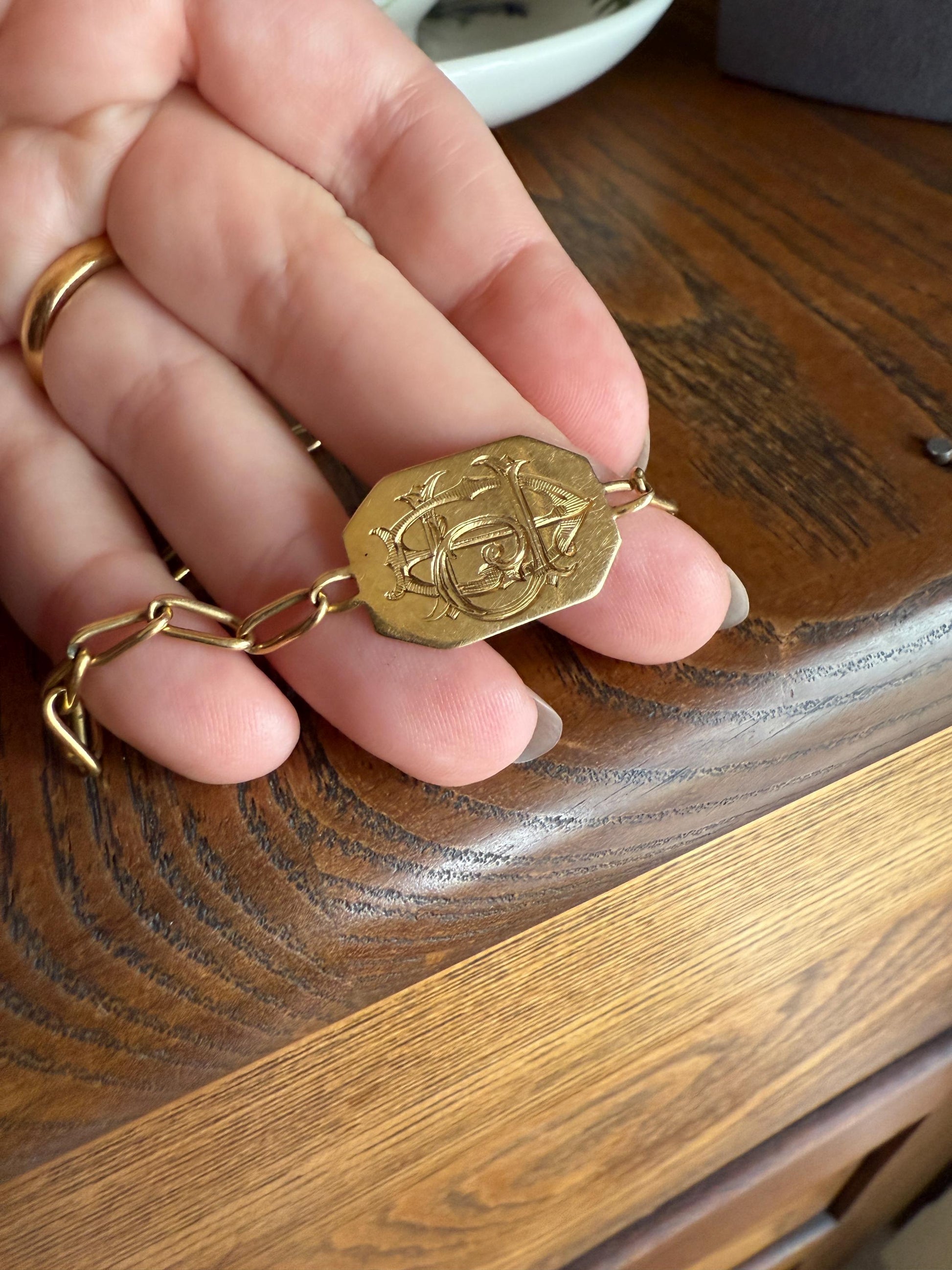 DATED 1902 December 21 Octagon Panel Engraved Initial Curb Chain Bracelet French Antique 18k Gold Solid Monogram E J D H P Letters
