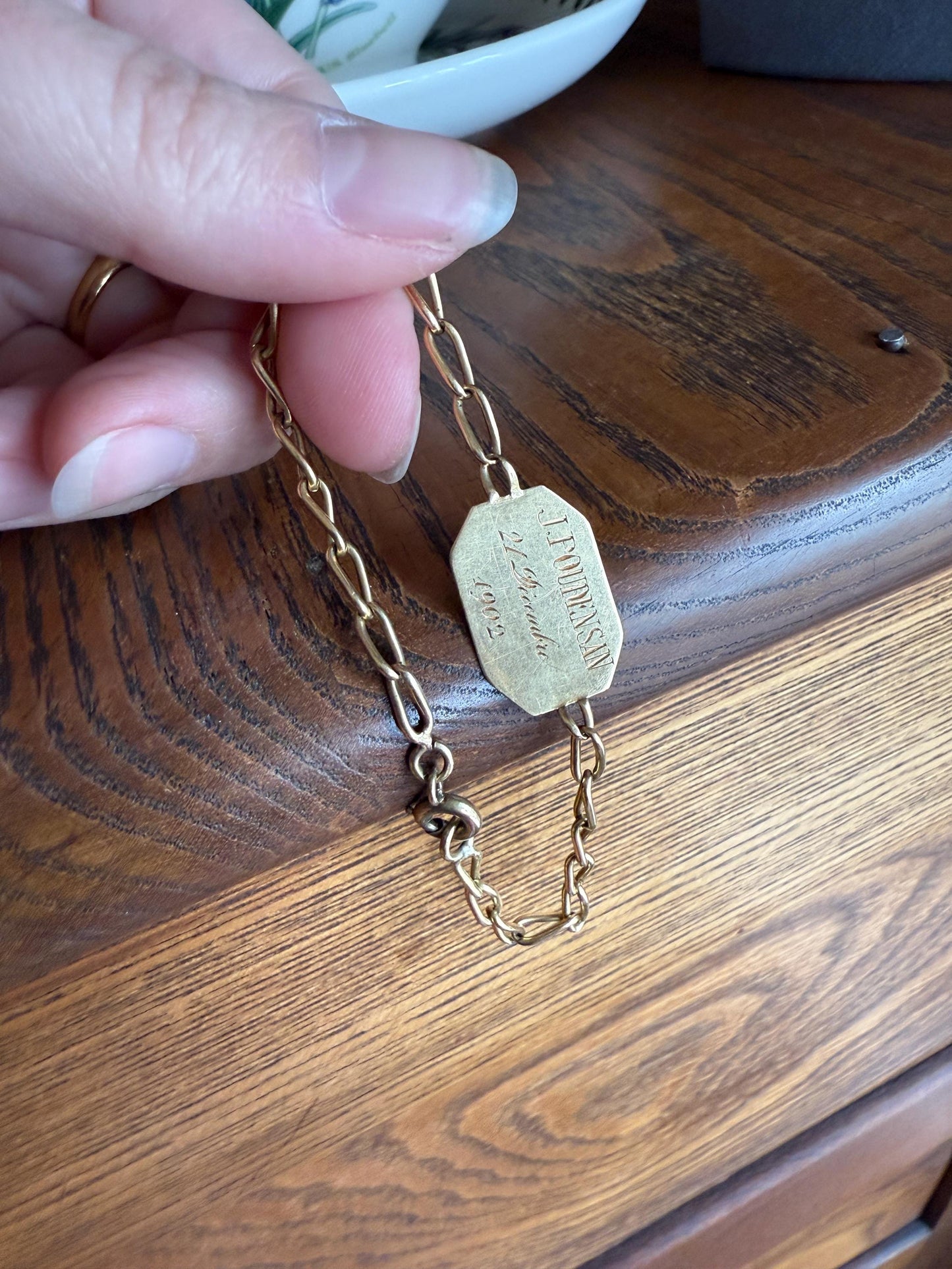DATED 1902 December 21 Octagon Panel Engraved Initial Curb Chain Bracelet French Antique 18k Gold Solid Monogram E J D H P Letters