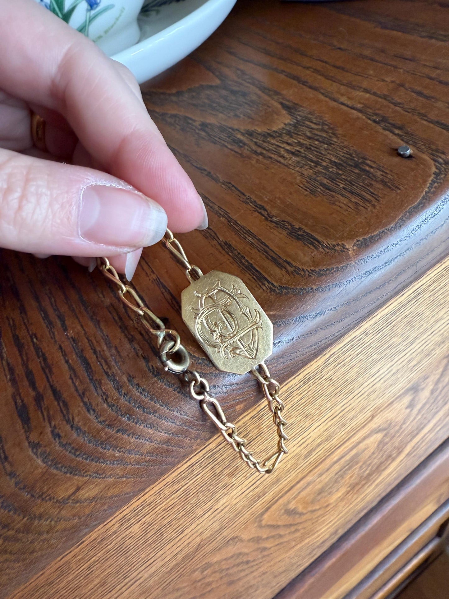 DATED 1902 December 21 Octagon Panel Engraved Initial Curb Chain Bracelet French Antique 18k Gold Solid Monogram E J D H P Letters