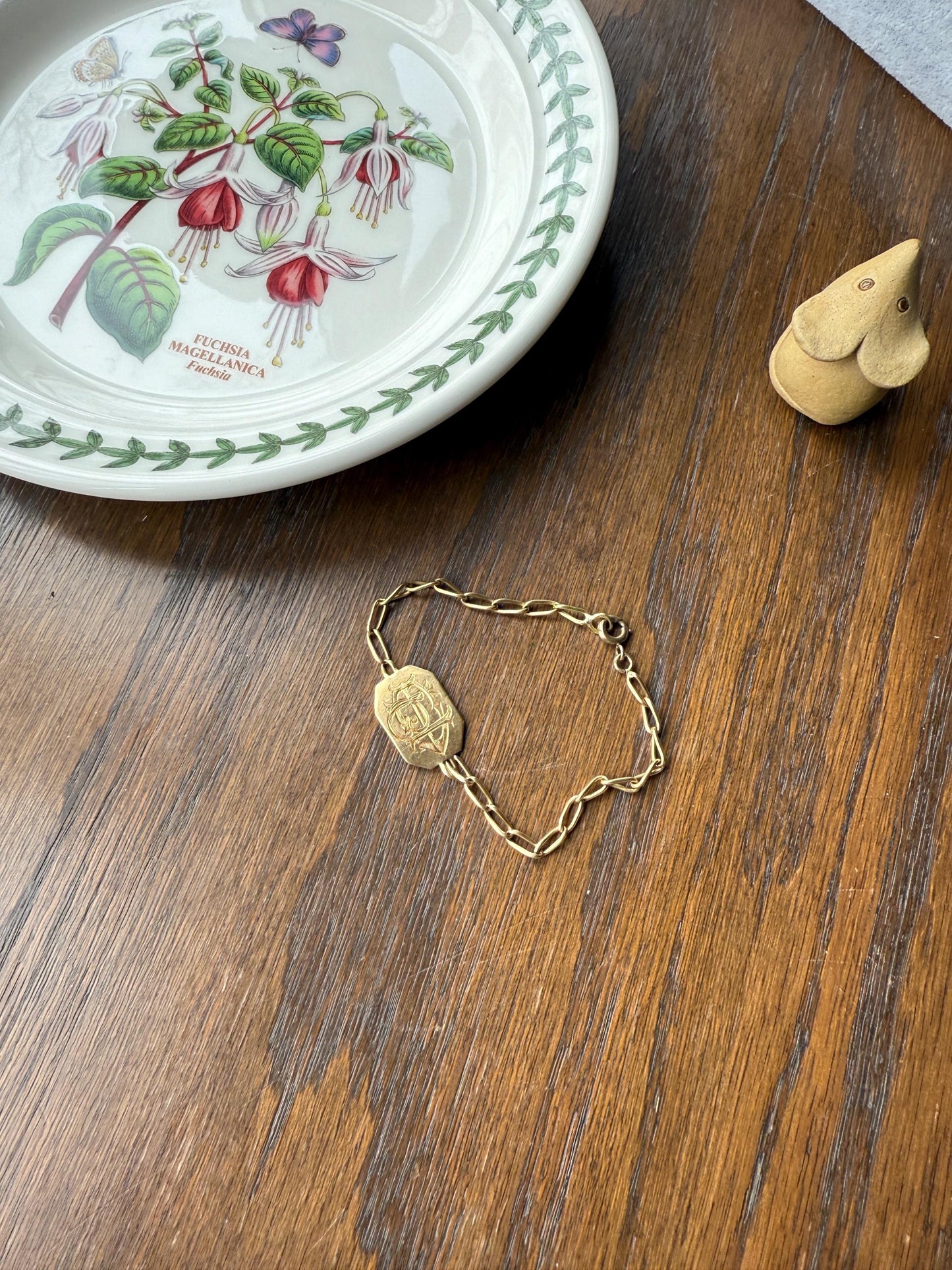DATED 1902 December 21 Octagon Panel Engraved Initial Curb Chain Bracelet French Antique 18k Gold Solid Monogram E J D H P Letters