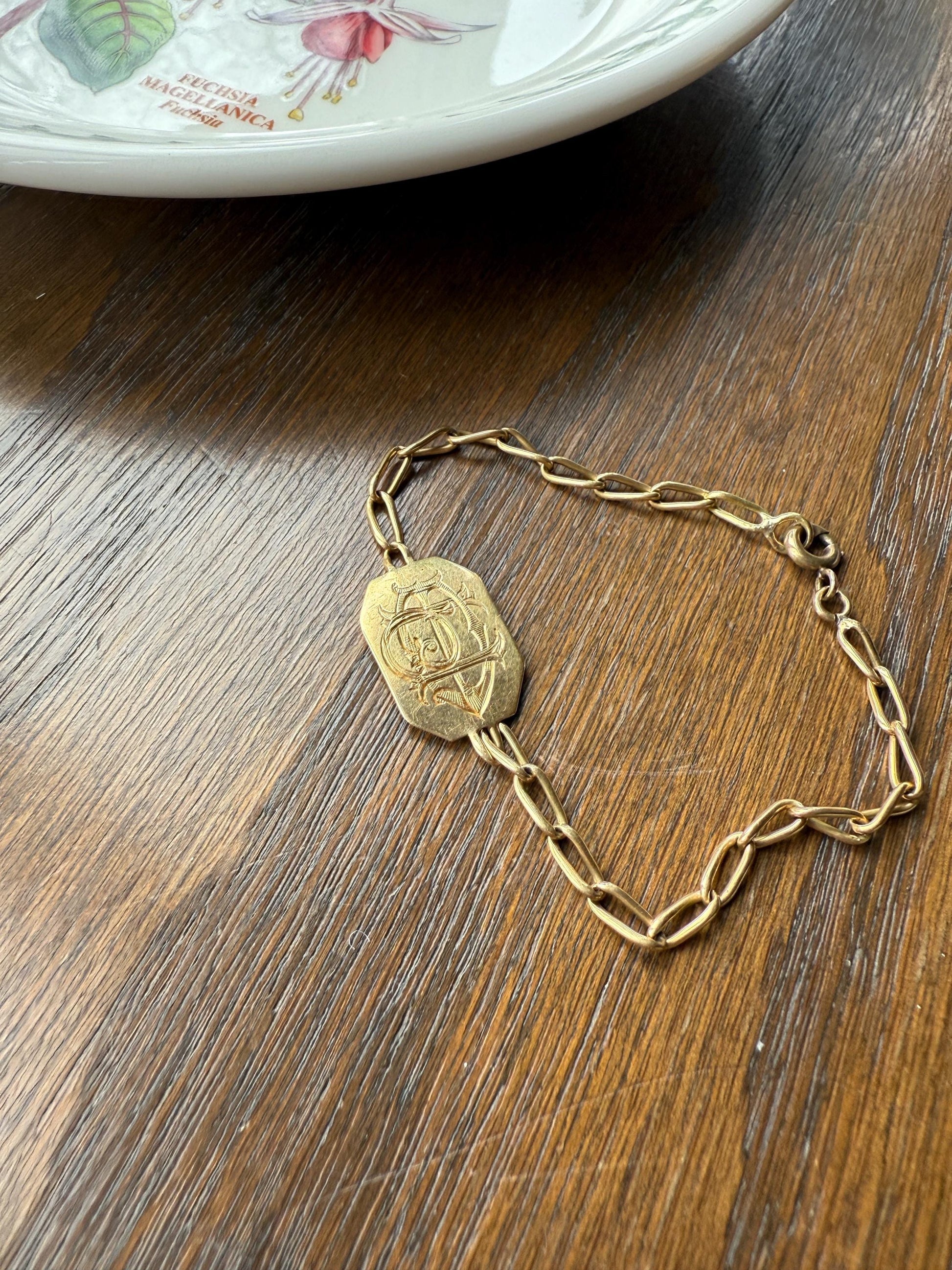 DATED 1902 December 21 Octagon Panel Engraved Initial Curb Chain Bracelet French Antique 18k Gold Solid Monogram E J D H P Letters