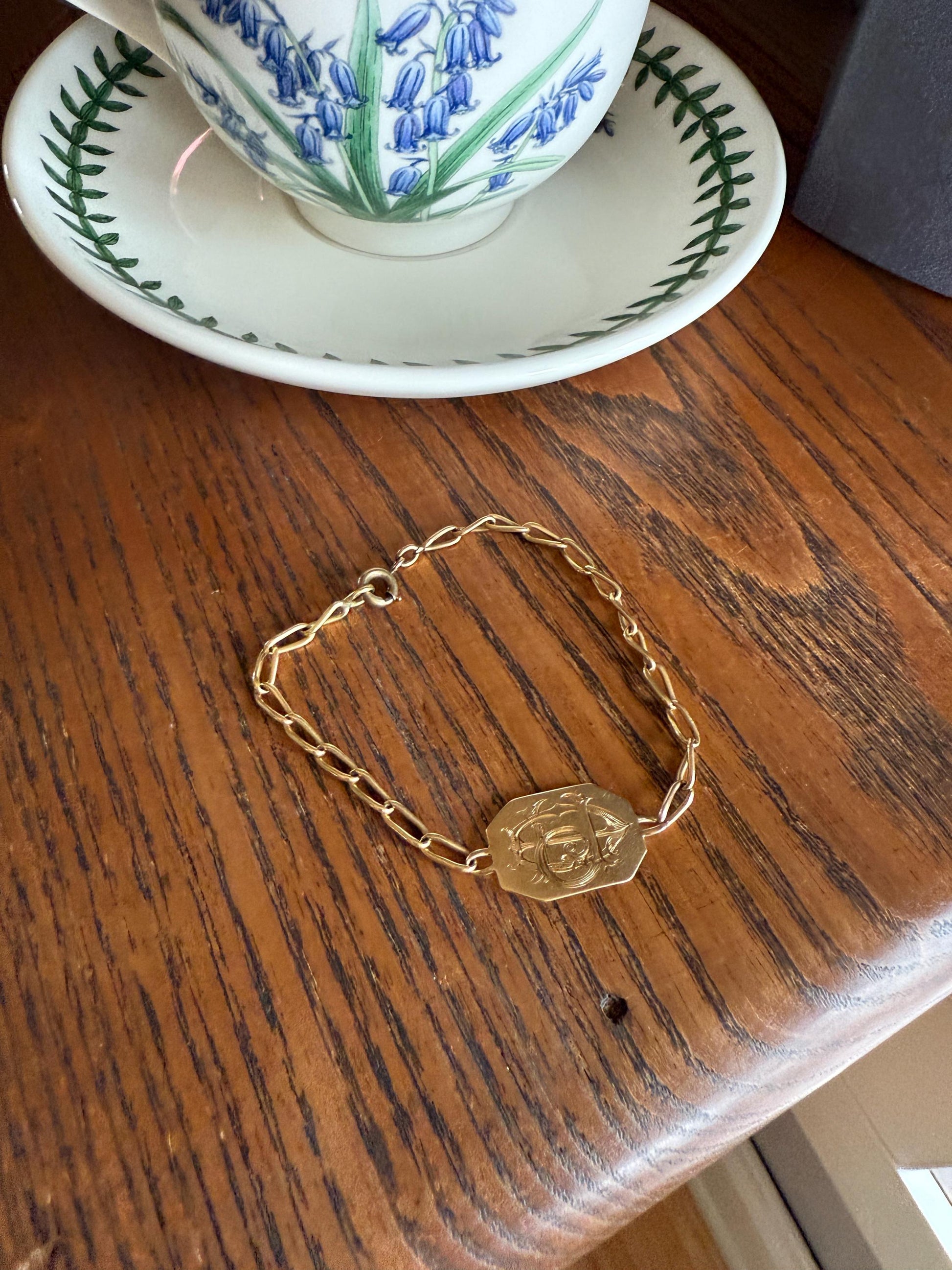 DATED 1902 December 21 Octagon Panel Engraved Initial Curb Chain Bracelet French Antique 18k Gold Solid Monogram E J D H P Letters