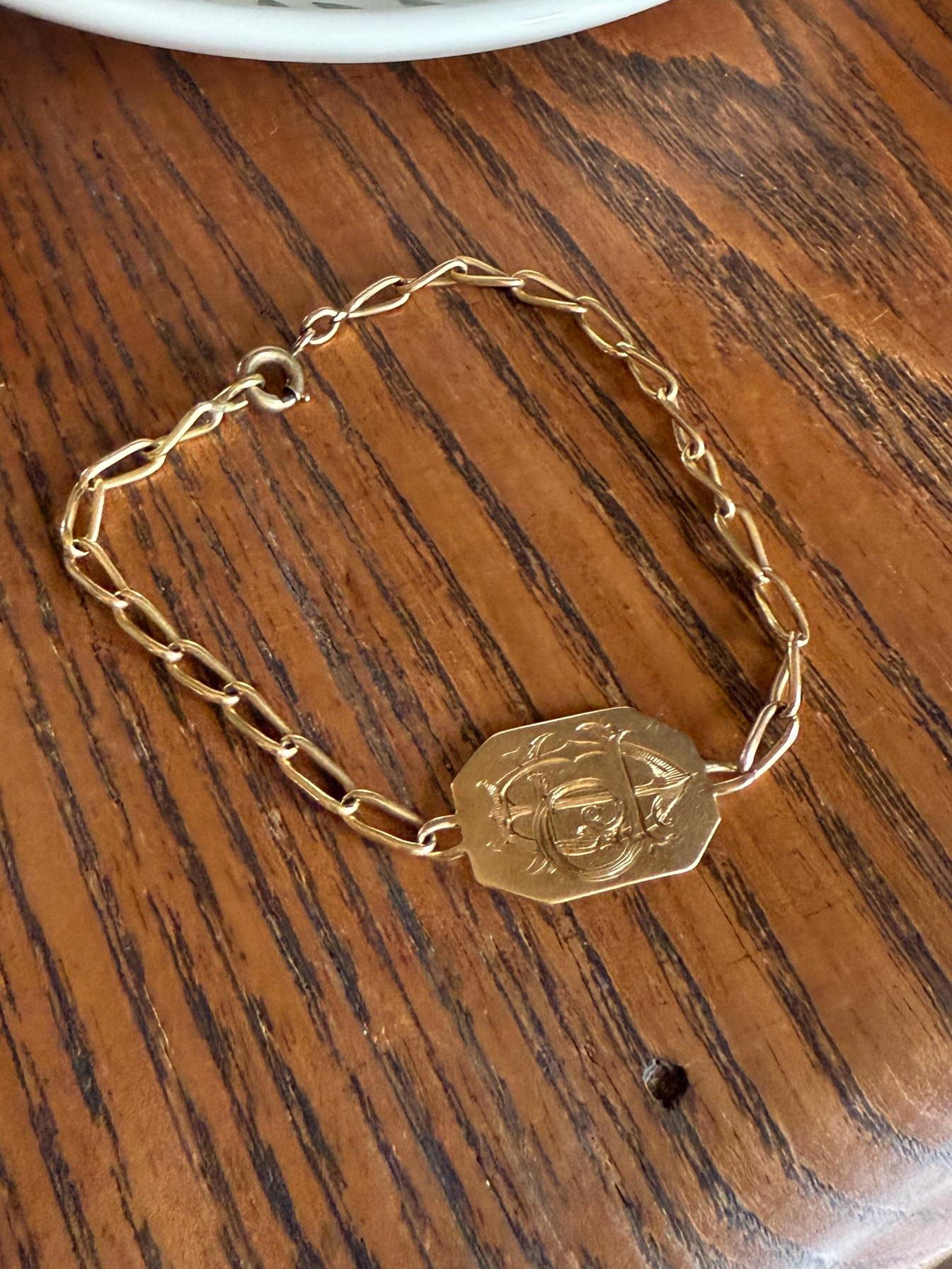 DATED 1902 December 21 Octagon Panel Engraved Initial Curb Chain Bracelet French Antique 18k Gold Solid Monogram E J D H P Letters