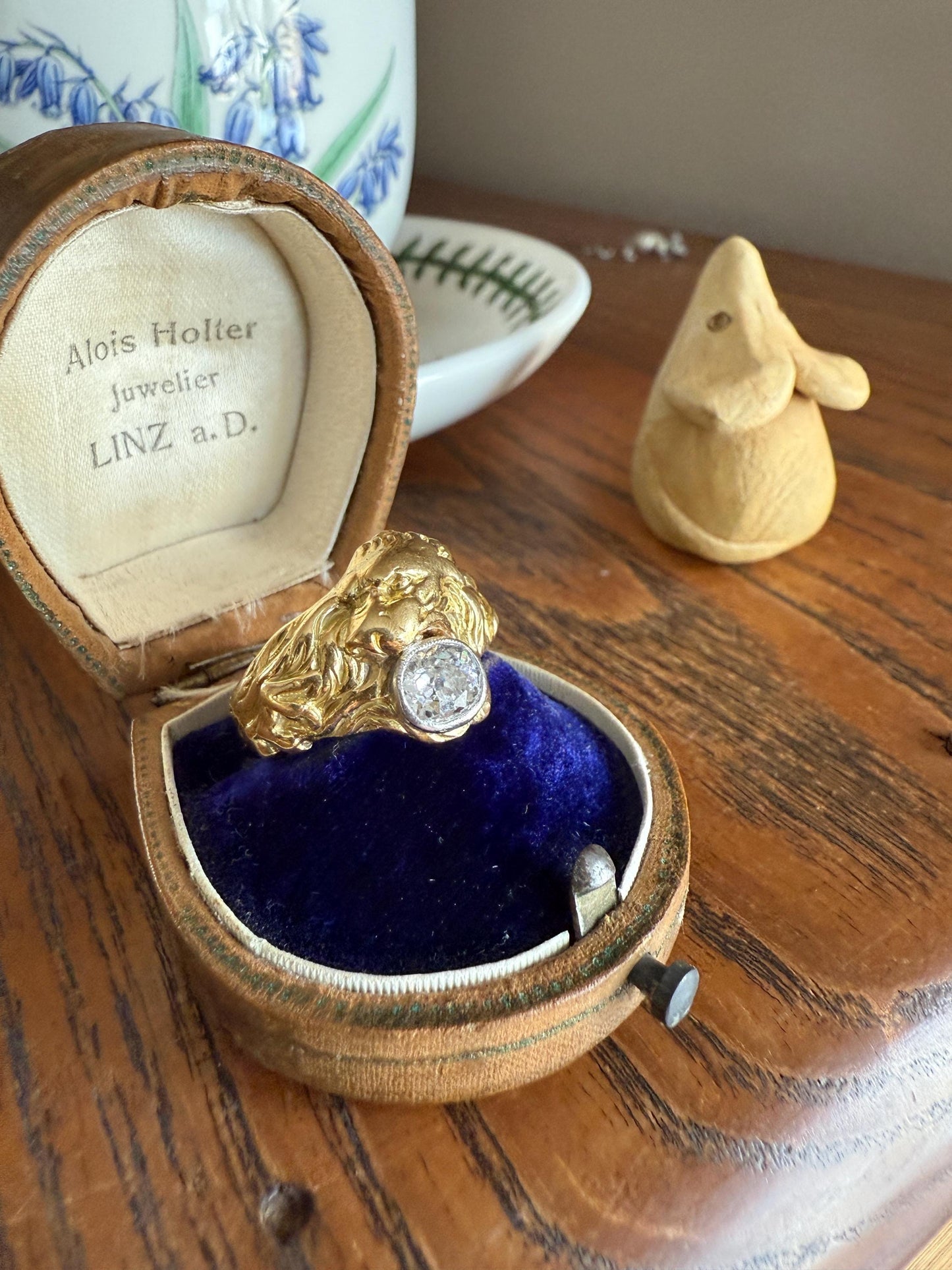 LION Antique HEAVY French 13.6g 18k GOLD Solid Ring One Carat Old Mine Cut Diamond Wide Band 3D Gift Figural Animal Jewelry Man Unisex OmC