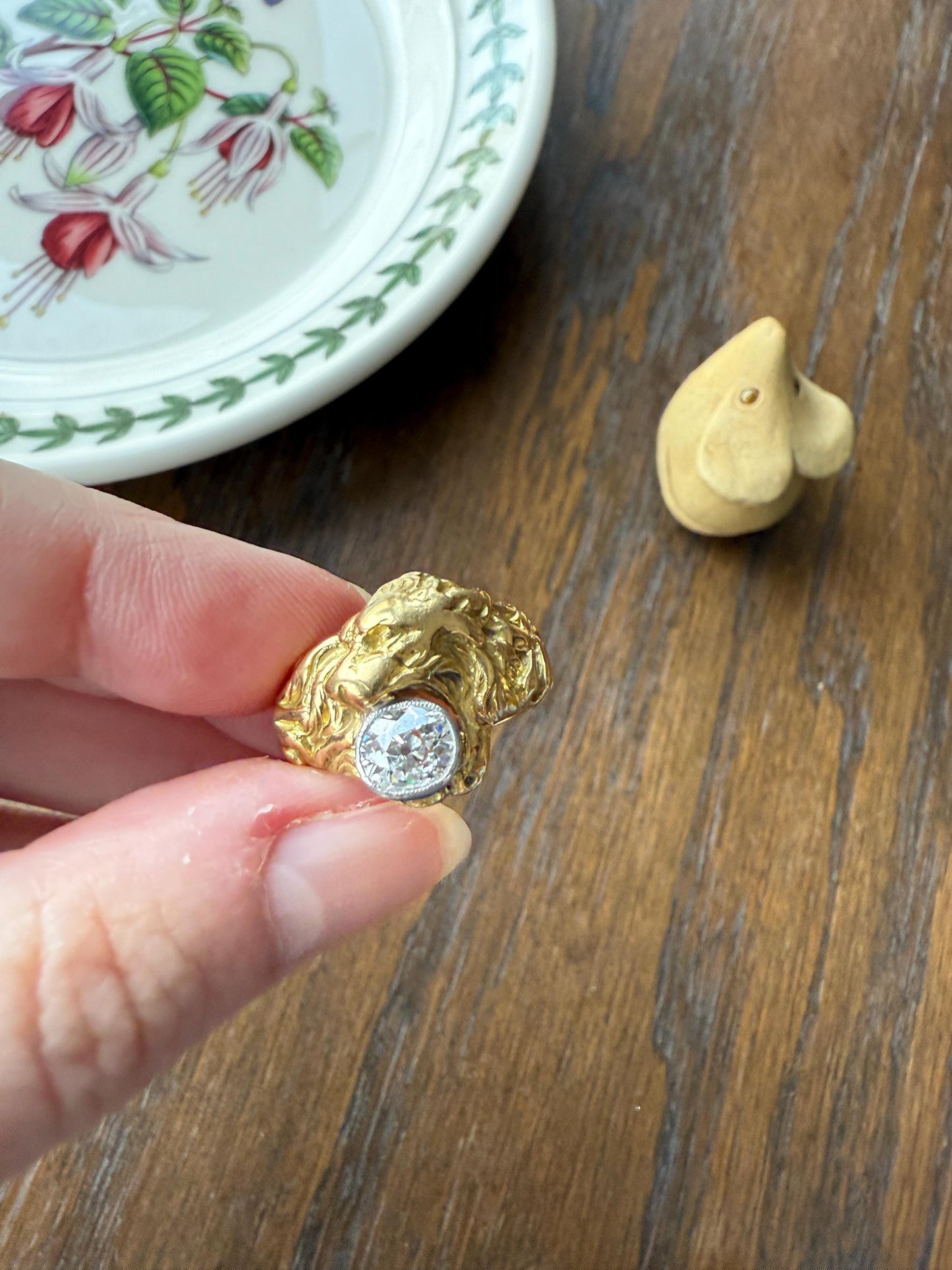 LION Antique HEAVY French 13.6g 18k GOLD Solid Ring One Carat Old Mine Cut Diamond Wide Band 3D Gift Figural Animal Jewelry Man Unisex OmC