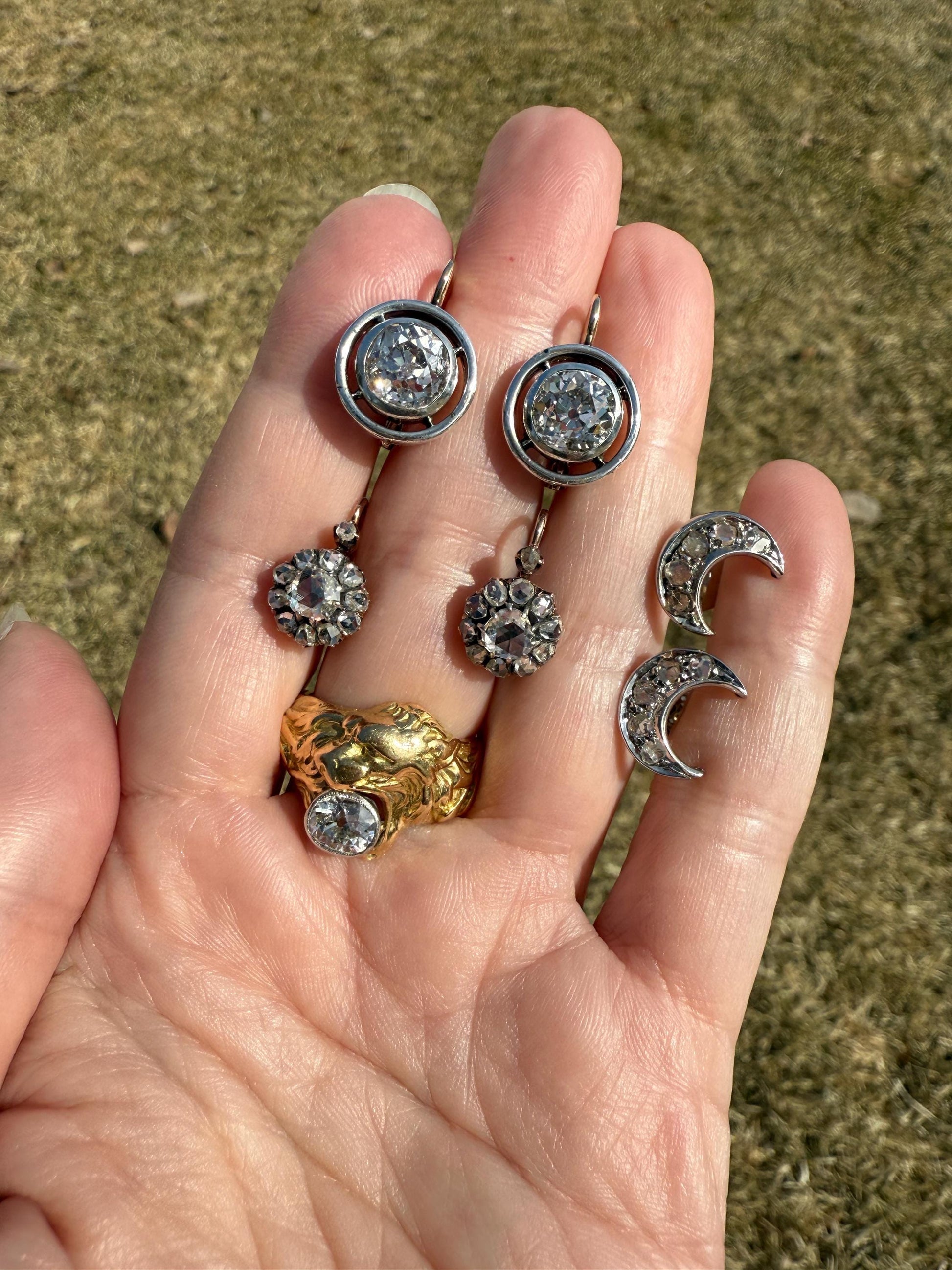 LION Antique HEAVY French 13.6g 18k GOLD Solid Ring One Carat Old Mine Cut Diamond Wide Band 3D Gift Figural Animal Jewelry Man Unisex OmC