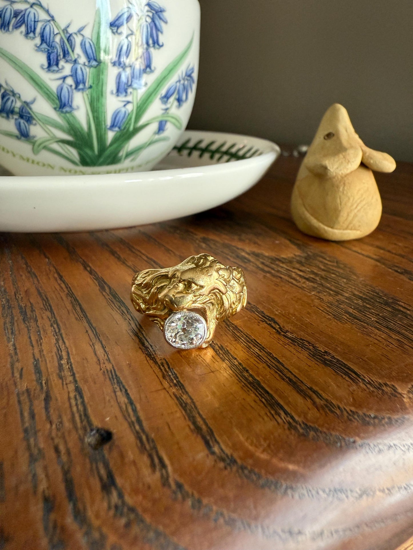 LION Antique HEAVY French 13.6g 18k GOLD Solid Ring One Carat Old Mine Cut Diamond Wide Band 3D Gift Figural Animal Jewelry Man Unisex OmC