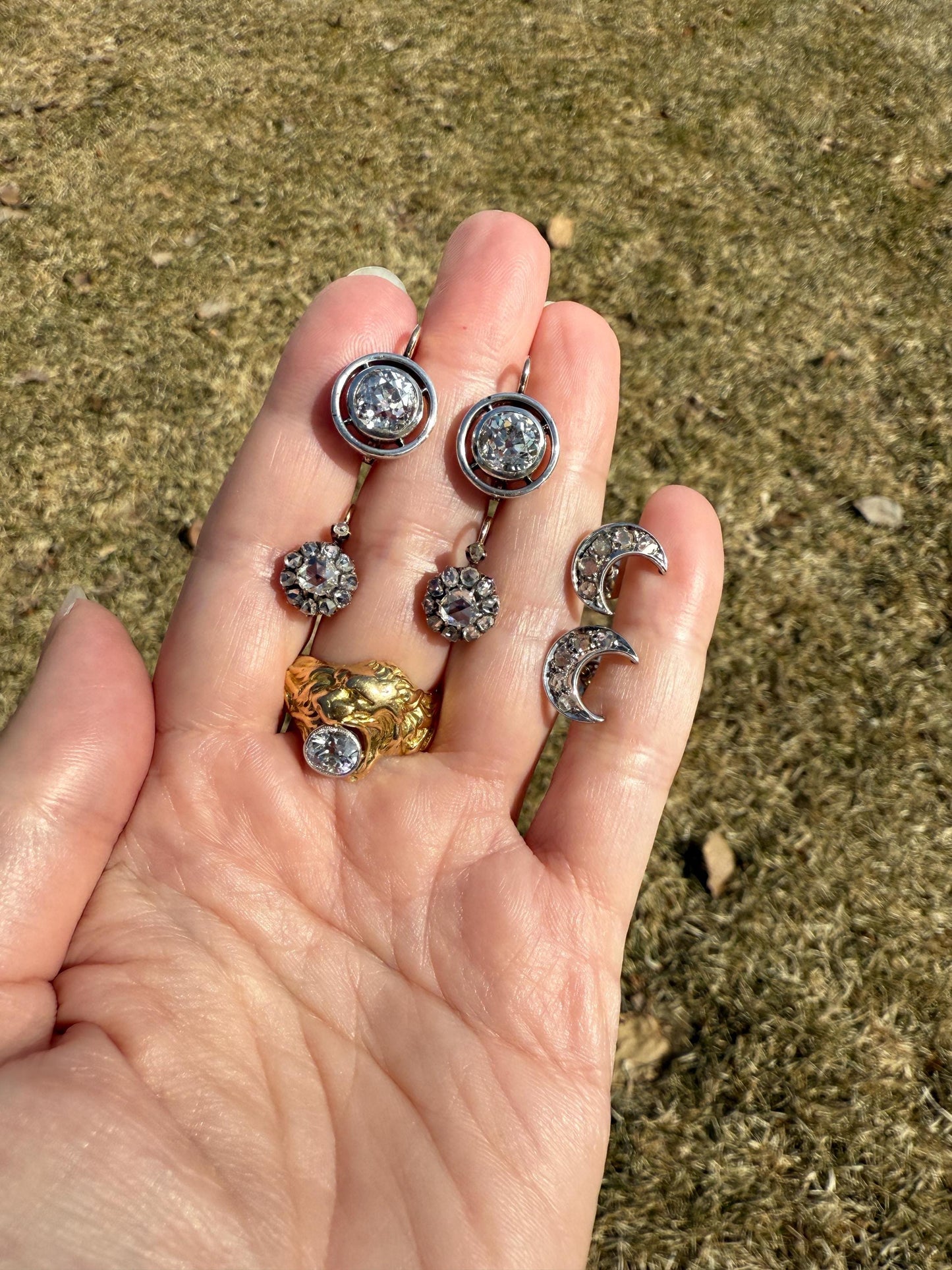 LION Antique HEAVY French 13.6g 18k GOLD Solid Ring One Carat Old Mine Cut Diamond Wide Band 3D Gift Figural Animal Jewelry Man Unisex OmC