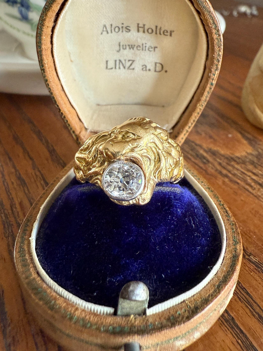 LION Antique HEAVY French 13.6g 18k GOLD Solid Ring One Carat Old Mine Cut Diamond Wide Band 3D Gift Figural Animal Jewelry Man Unisex OmC