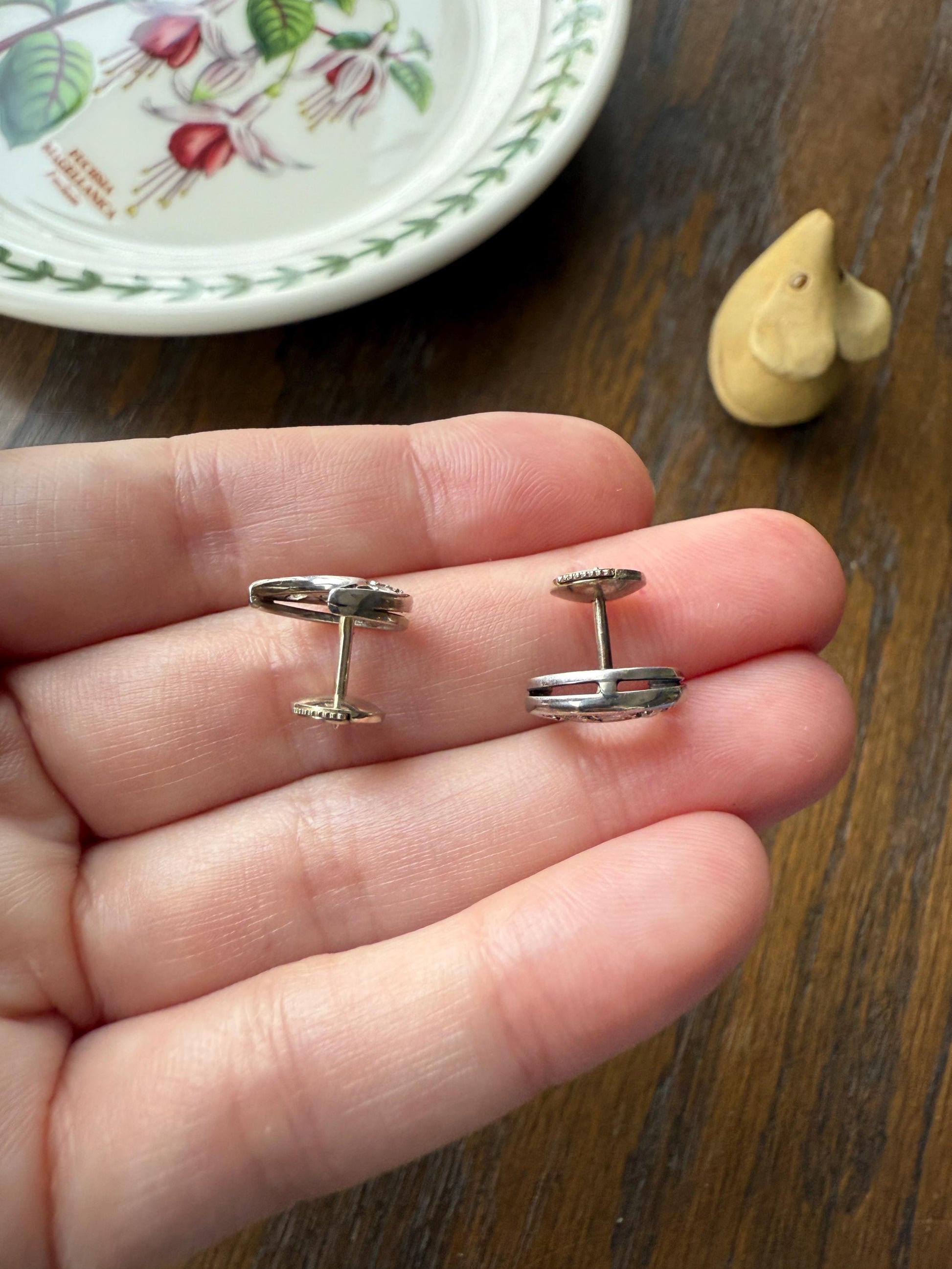 Crescent MOON French Vintage to Art Deco Rose Cut Diamond Figural Stud Earrings 18k White Gold Unique Celestial Gift Earstack