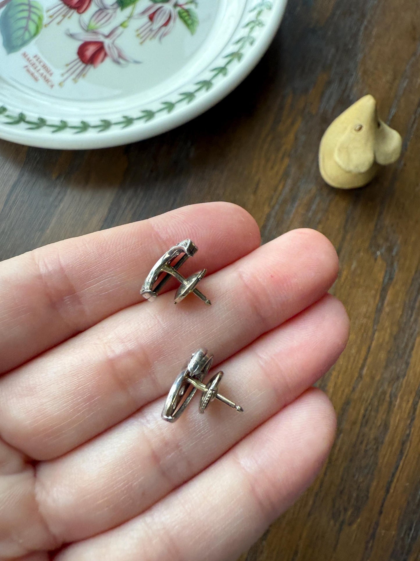 Crescent MOON French Vintage to Art Deco Rose Cut Diamond Figural Stud Earrings 18k White Gold Unique Celestial Gift Earstack