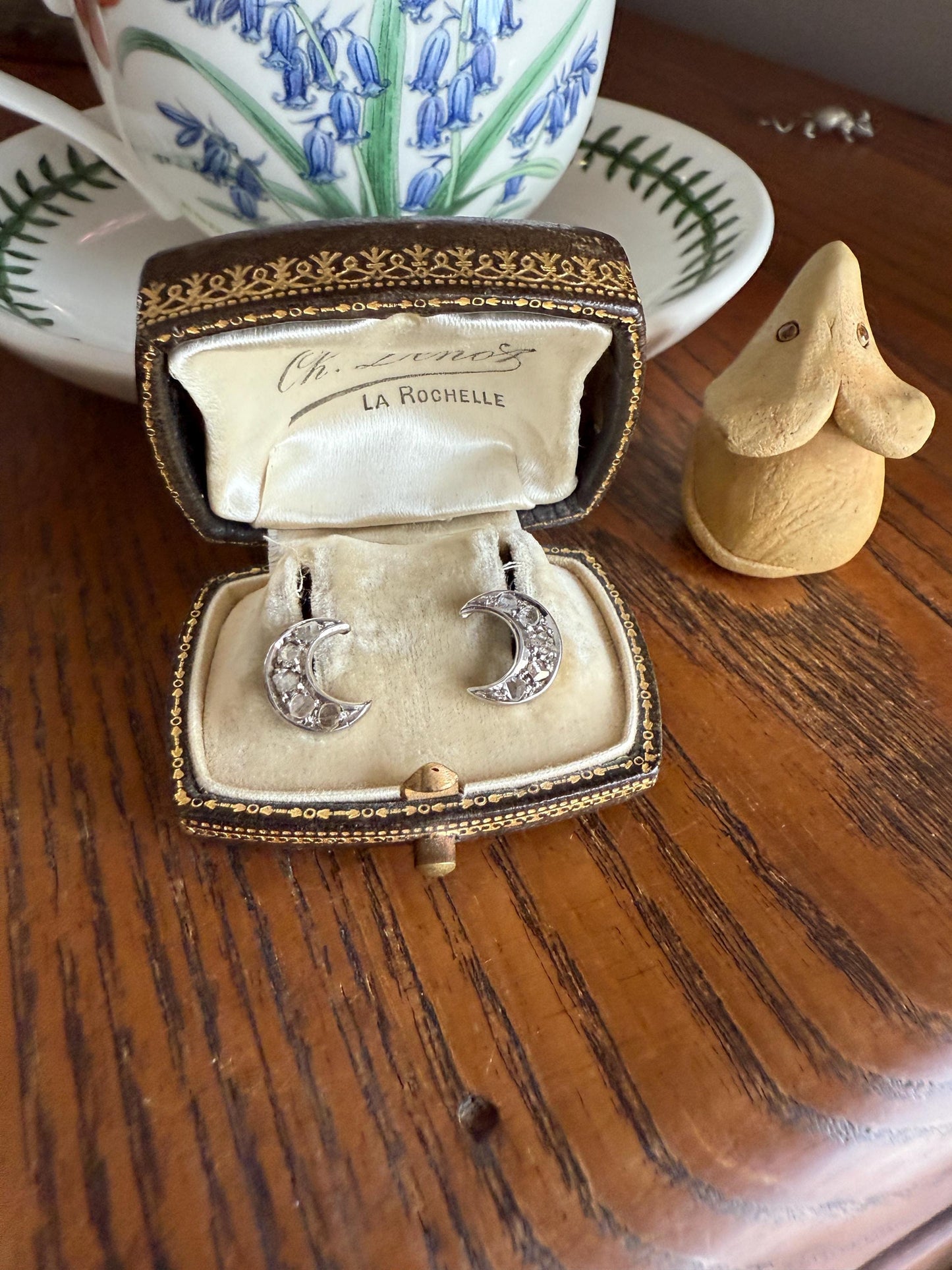 Crescent MOON French Vintage to Art Deco Rose Cut Diamond Figural Stud Earrings 18k White Gold Unique Celestial Gift Earstack