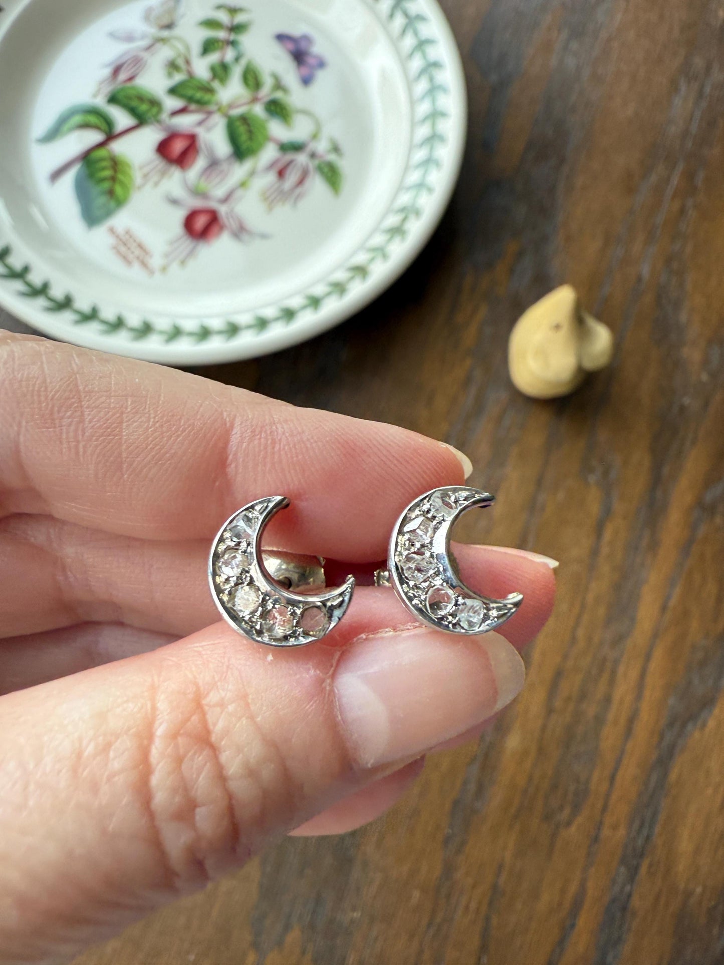 Crescent MOON French Vintage to Art Deco Rose Cut Diamond Figural Stud Earrings 18k White Gold Unique Celestial Gift Earstack