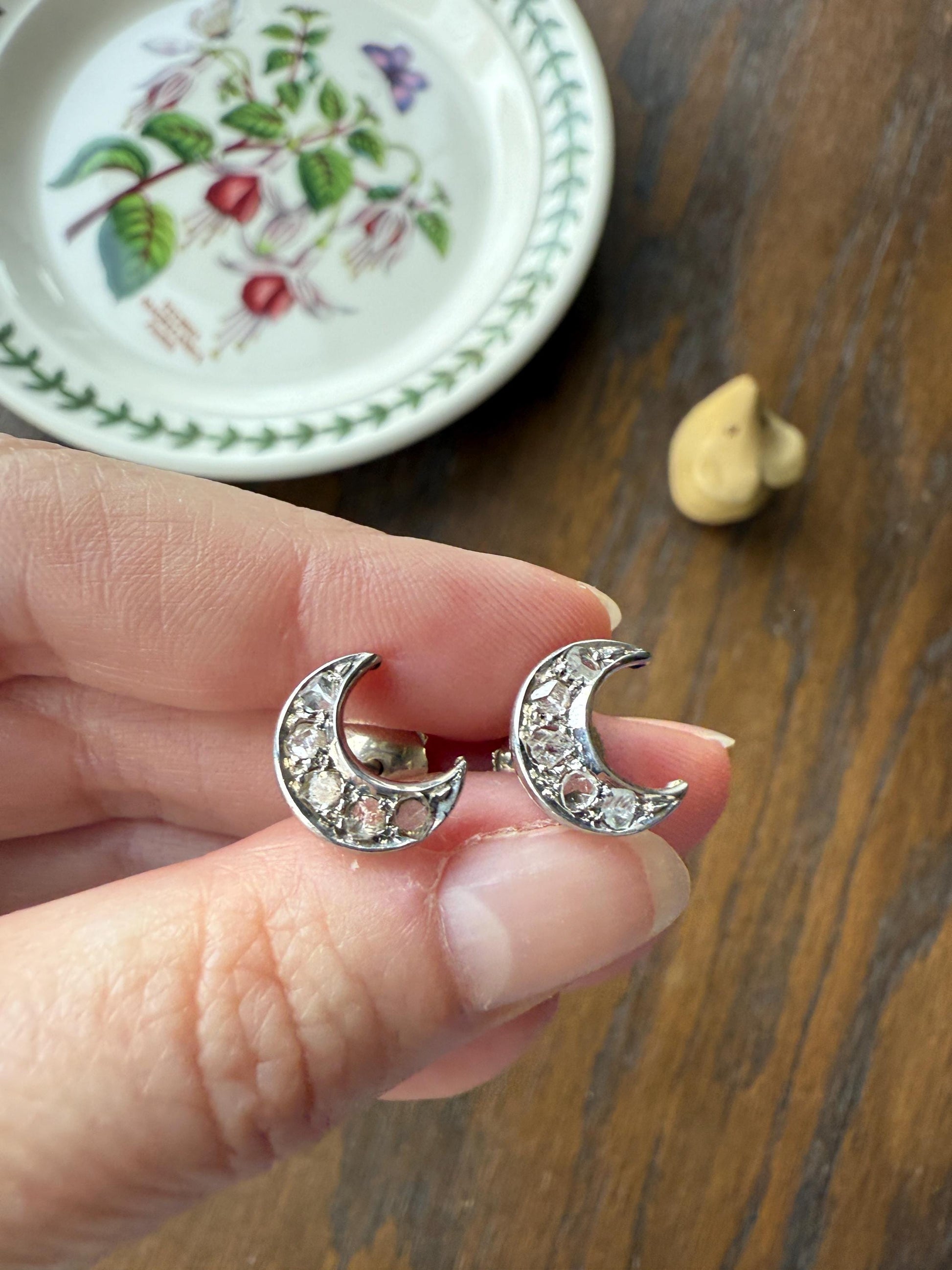 Crescent MOON French Vintage to Art Deco Rose Cut Diamond Figural Stud Earrings 18k White Gold Unique Celestial Gift Earstack
