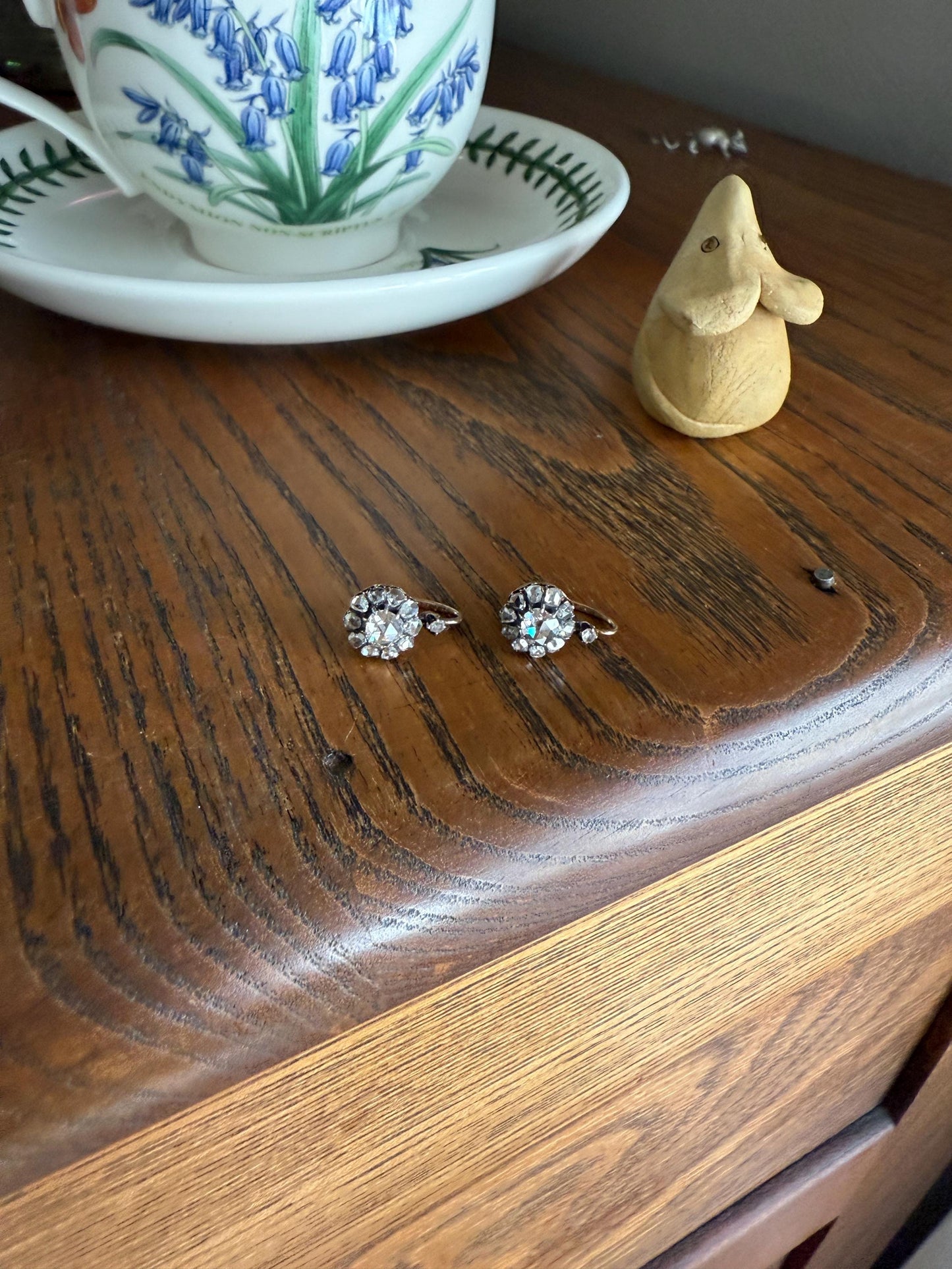 Victorian ANTIQUE Rose Cut Diamond Cluster Dormeuse Earrings French 18k Gold Solid 1.7 Carat Face Up Daisy Halo Dangle Belle Epoque