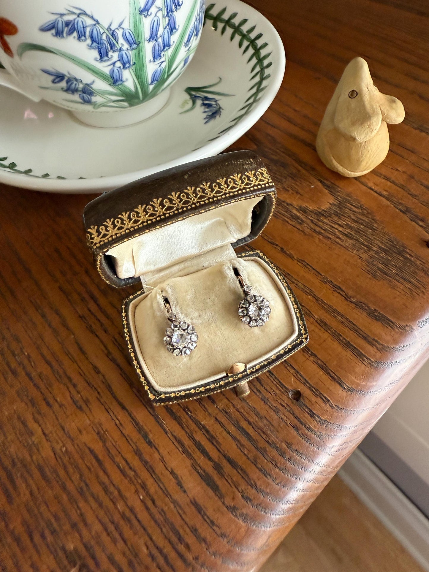 Victorian ANTIQUE Rose Cut Diamond Cluster Dormeuse Earrings French 18k Gold Solid 1.7 Carat Face Up Daisy Halo Dangle Belle Epoque