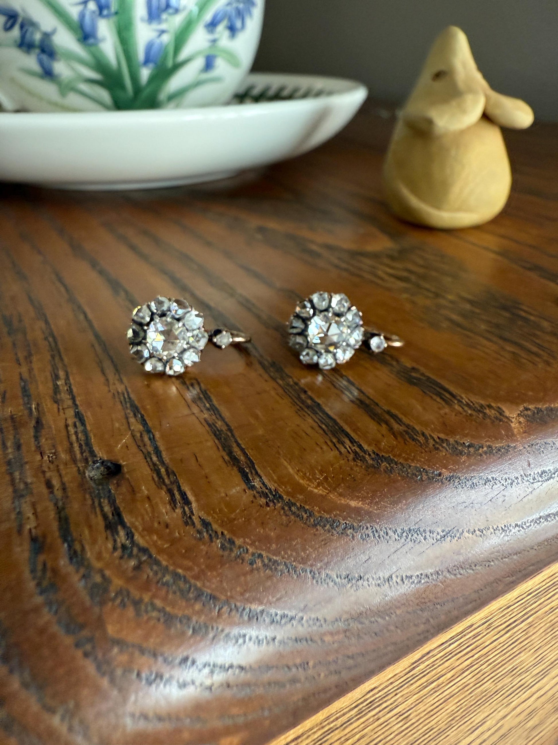 Victorian ANTIQUE Rose Cut Diamond Cluster Dormeuse Earrings French 18k Gold Solid 1.7 Carat Face Up Daisy Halo Dangle Belle Epoque