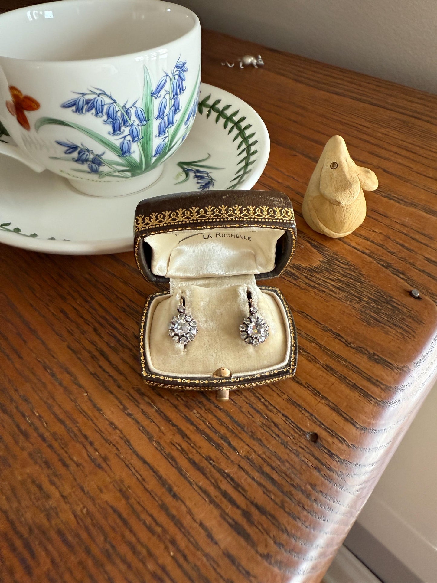 Victorian ANTIQUE Rose Cut Diamond Cluster Dormeuse Earrings French 18k Gold Solid 1.7 Carat Face Up Daisy Halo Dangle Belle Epoque