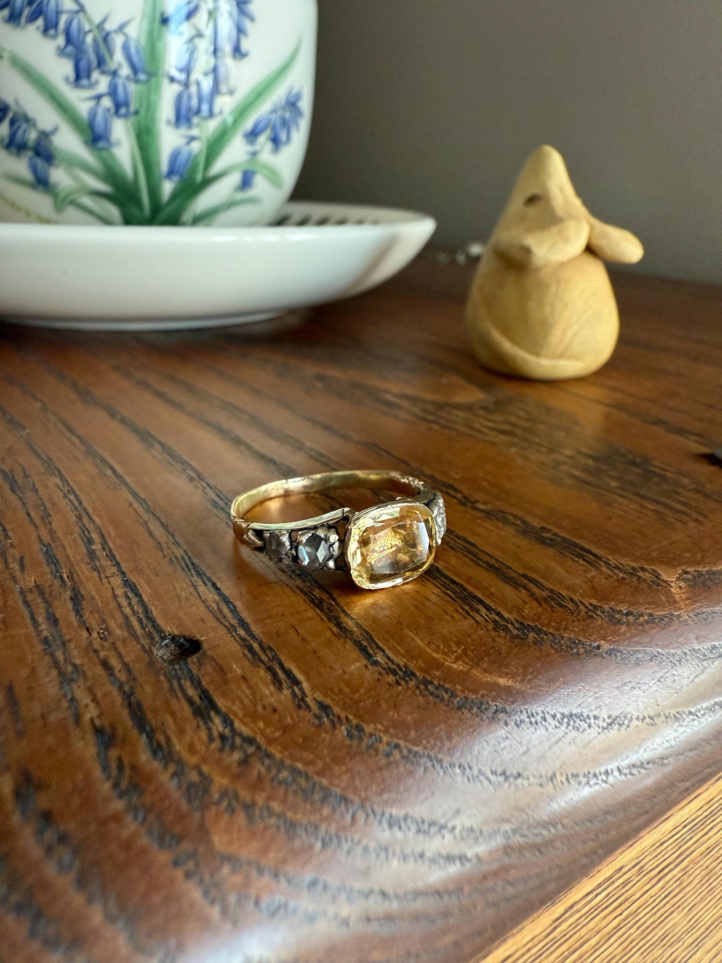 Antique Foiled CITRINE Sunny Yellow Rose Cut Diamond Ring Georgian Era Setting Button Back Ring Butt ; ) East West Elongated