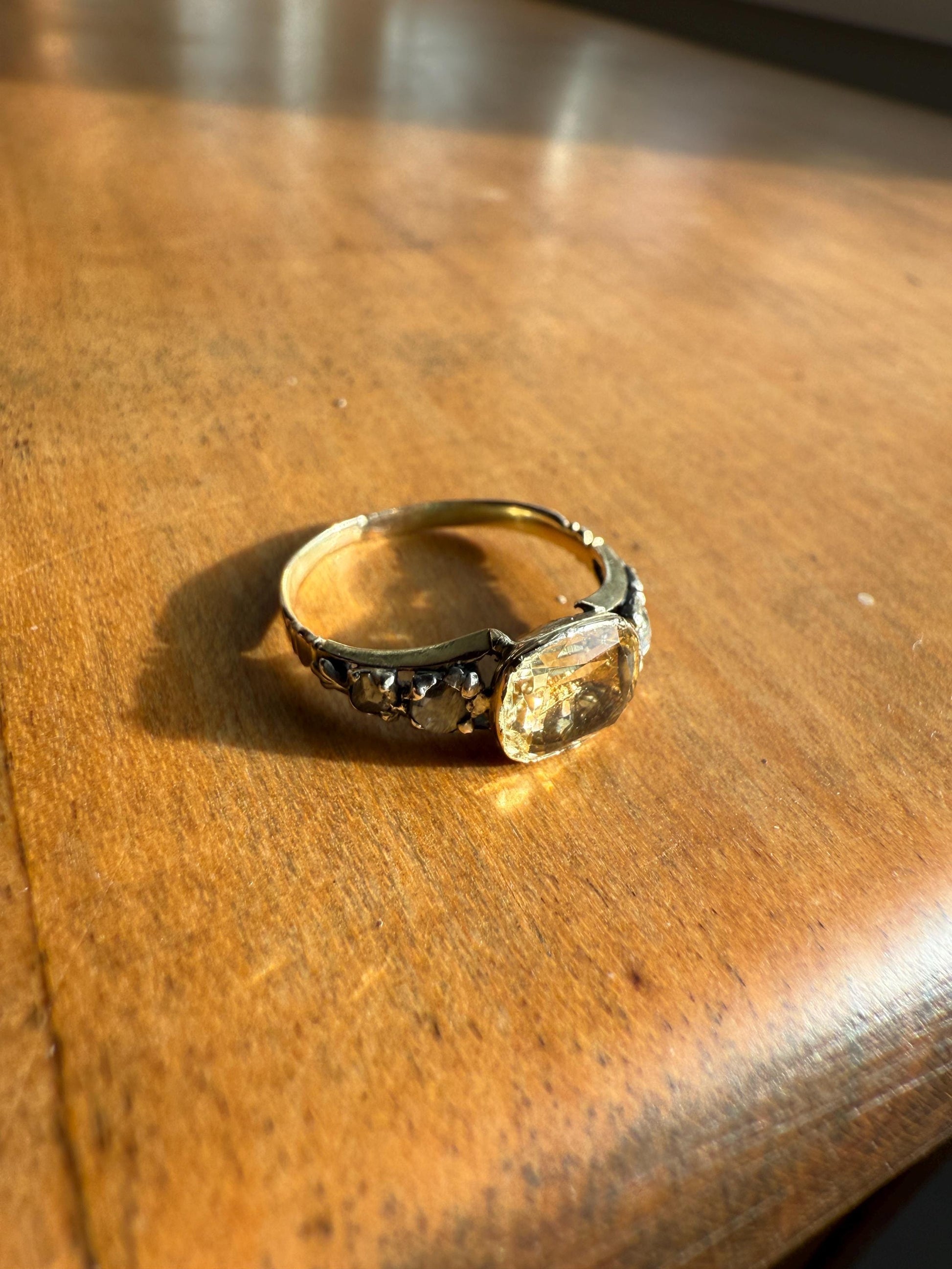 Antique Foiled CITRINE Sunny Yellow Rose Cut Diamond Ring Georgian Era Setting Button Back Ring Butt ; ) East West Elongated