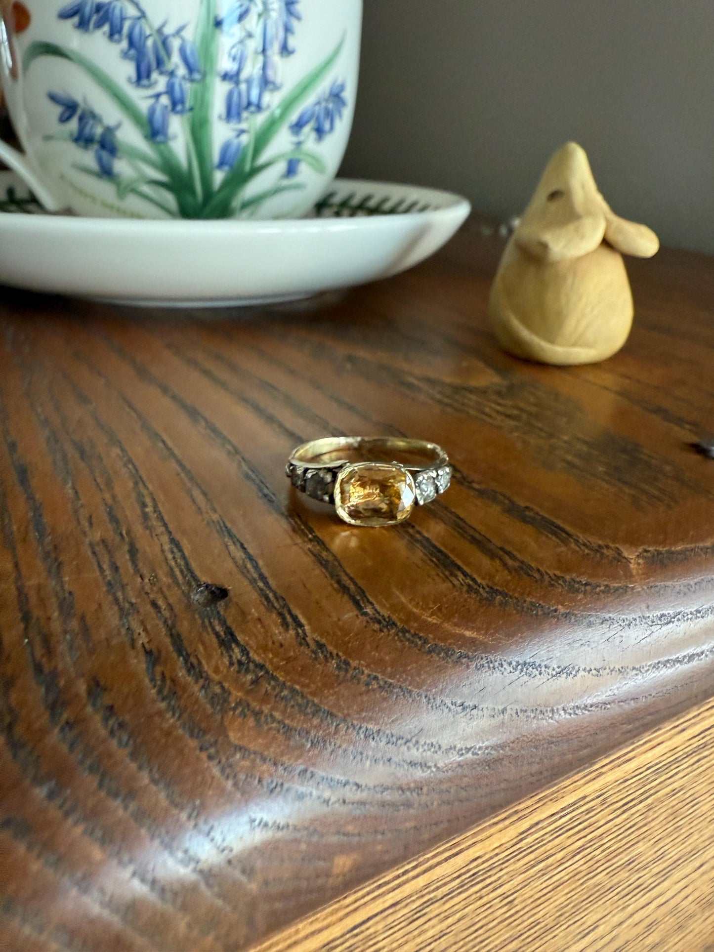 Antique Foiled CITRINE Sunny Yellow Rose Cut Diamond Ring Georgian Era Setting Button Back Ring Butt ; ) East West Elongated