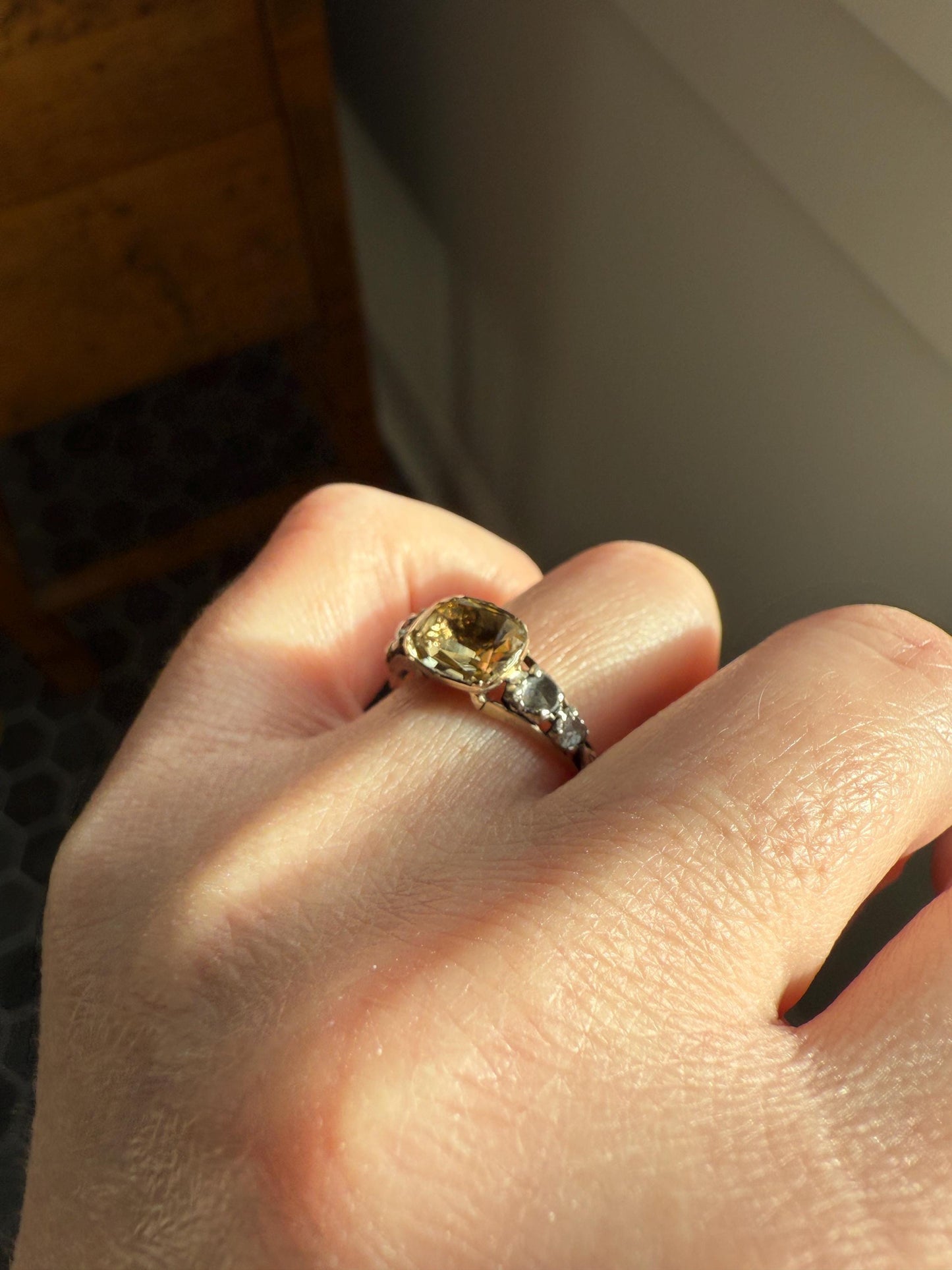 Antique Foiled CITRINE Sunny Yellow Rose Cut Diamond Ring Georgian Era Setting Button Back Ring Butt ; ) East West Elongated