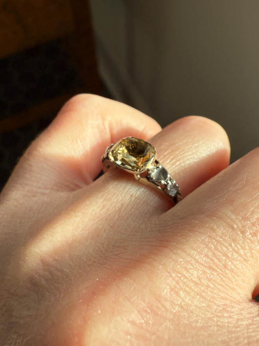Antique Foiled CITRINE Sunny Yellow Rose Cut Diamond Ring Georgian Era Setting Button Back Ring Butt ; ) East West Elongated