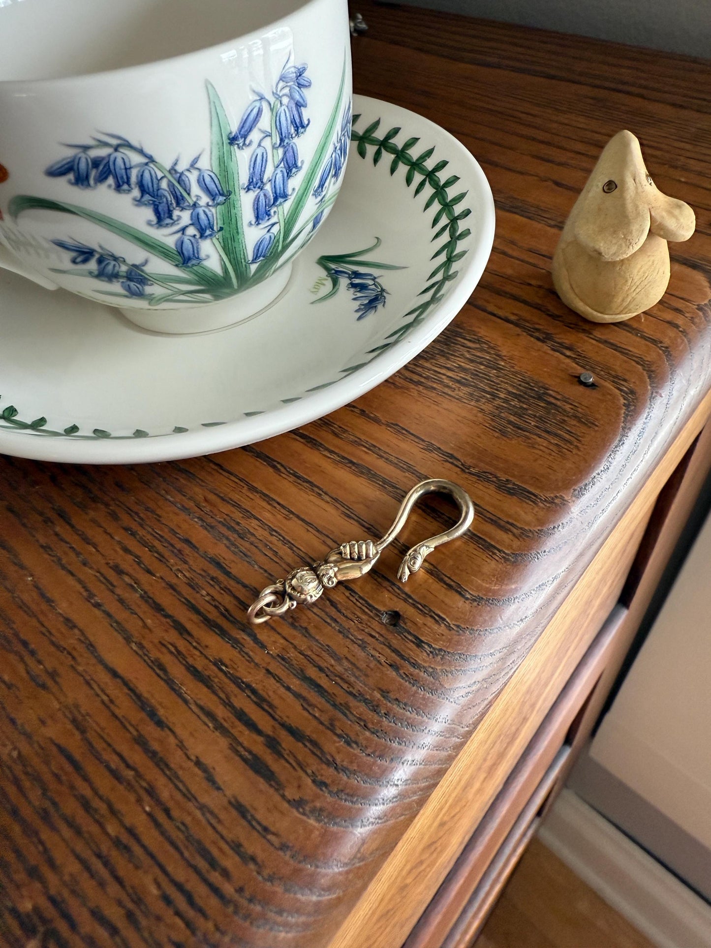 Rare ANTIQUE Hand Holding SNAKE Hook Pendant Holder Victorian Figural Parts Findings Gold Wash Gilt Metal Silver? Reversible 3D