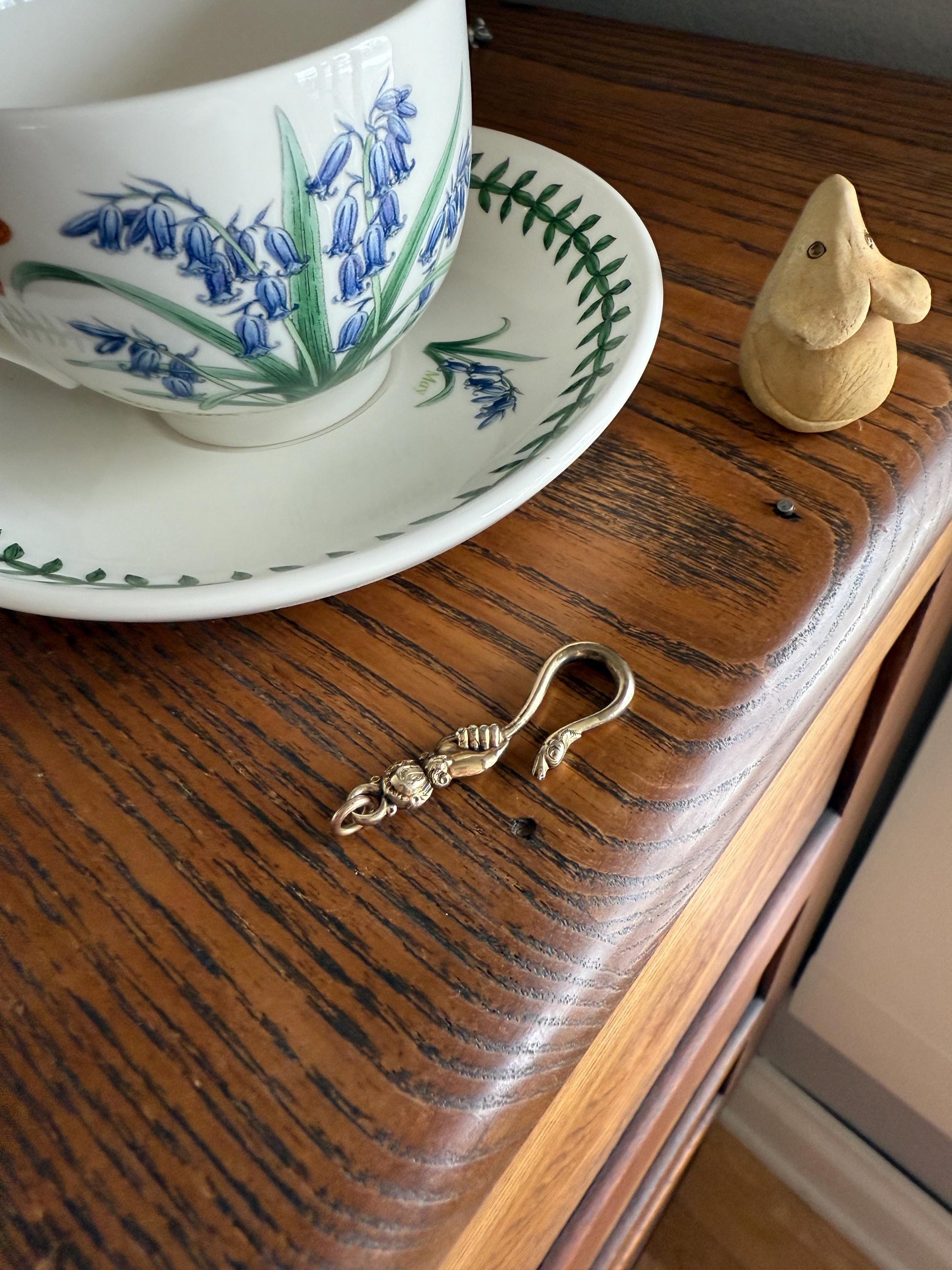 Rare ANTIQUE Hand Holding SNAKE Hook Pendant Holder Victorian Figural Parts Findings Gold Wash Gilt Metal Silver? Reversible 3D