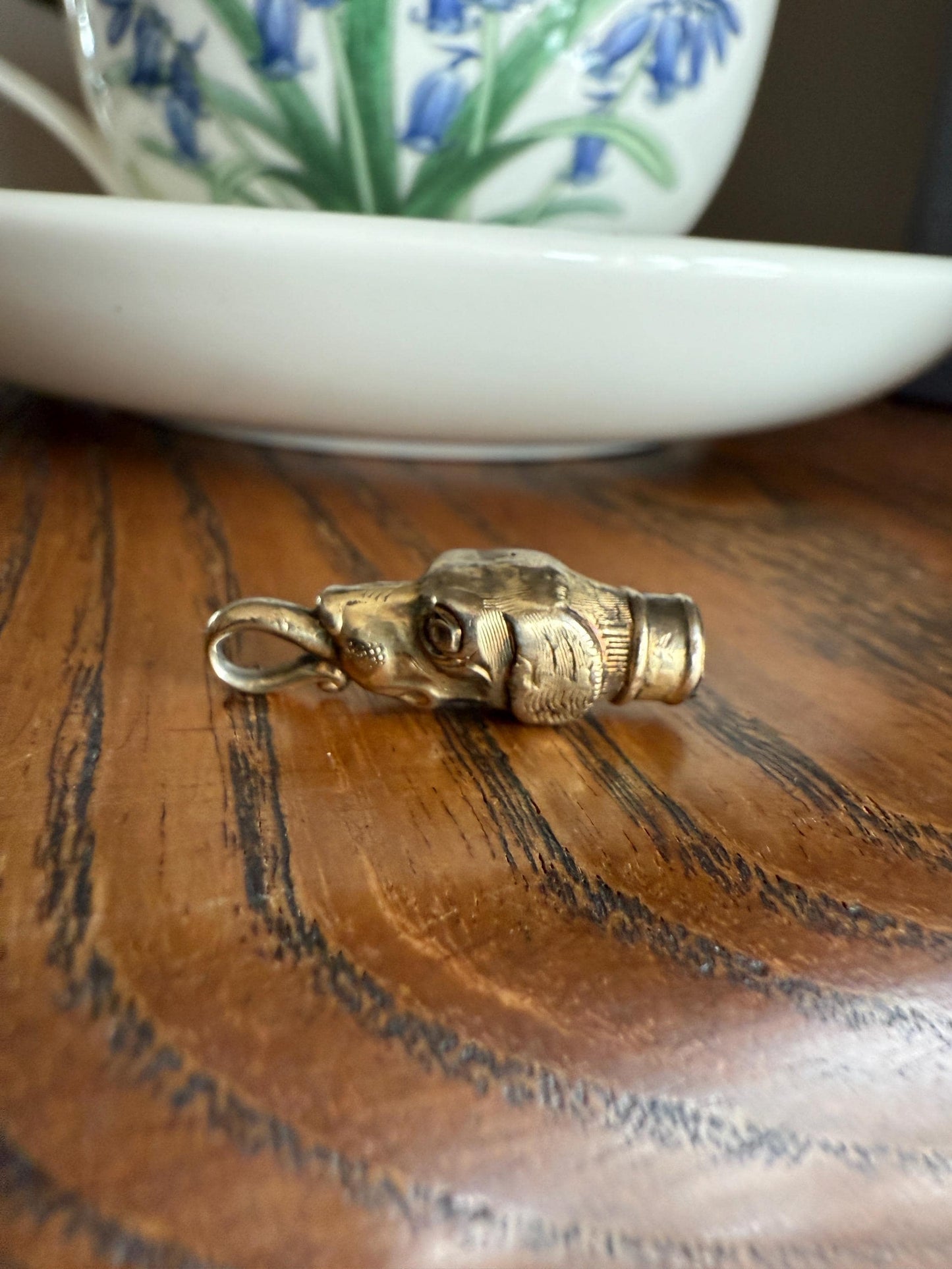 Rare DOG Head Pendant Holder Fob Victorian Figural Parts Findings Gold Wash Gilt Metal Silver? Reversible 3D