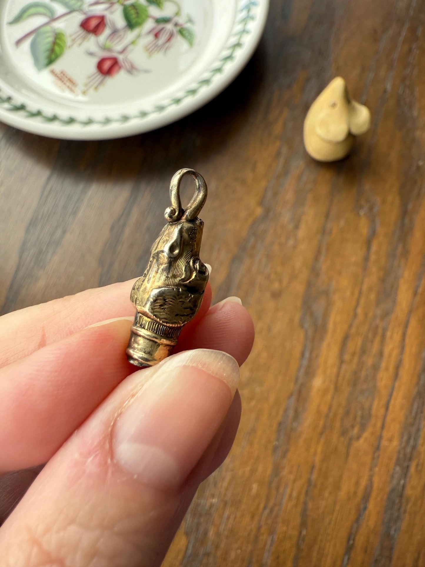 Rare DOG Head Pendant Holder Fob Victorian Figural Parts Findings Gold Wash Gilt Metal Silver? Reversible 3D