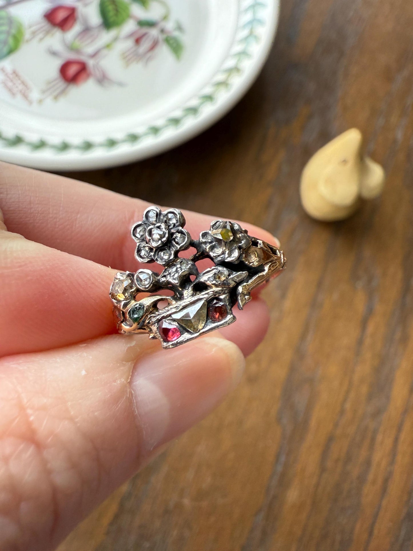 GIARDINETTI Antique Floral Bouquet Ring Flower Basket Rare Peruzzi Chiffre Rose Cut Diamond Garnet Emerald Georgian 14k Gold Rococo 1700s