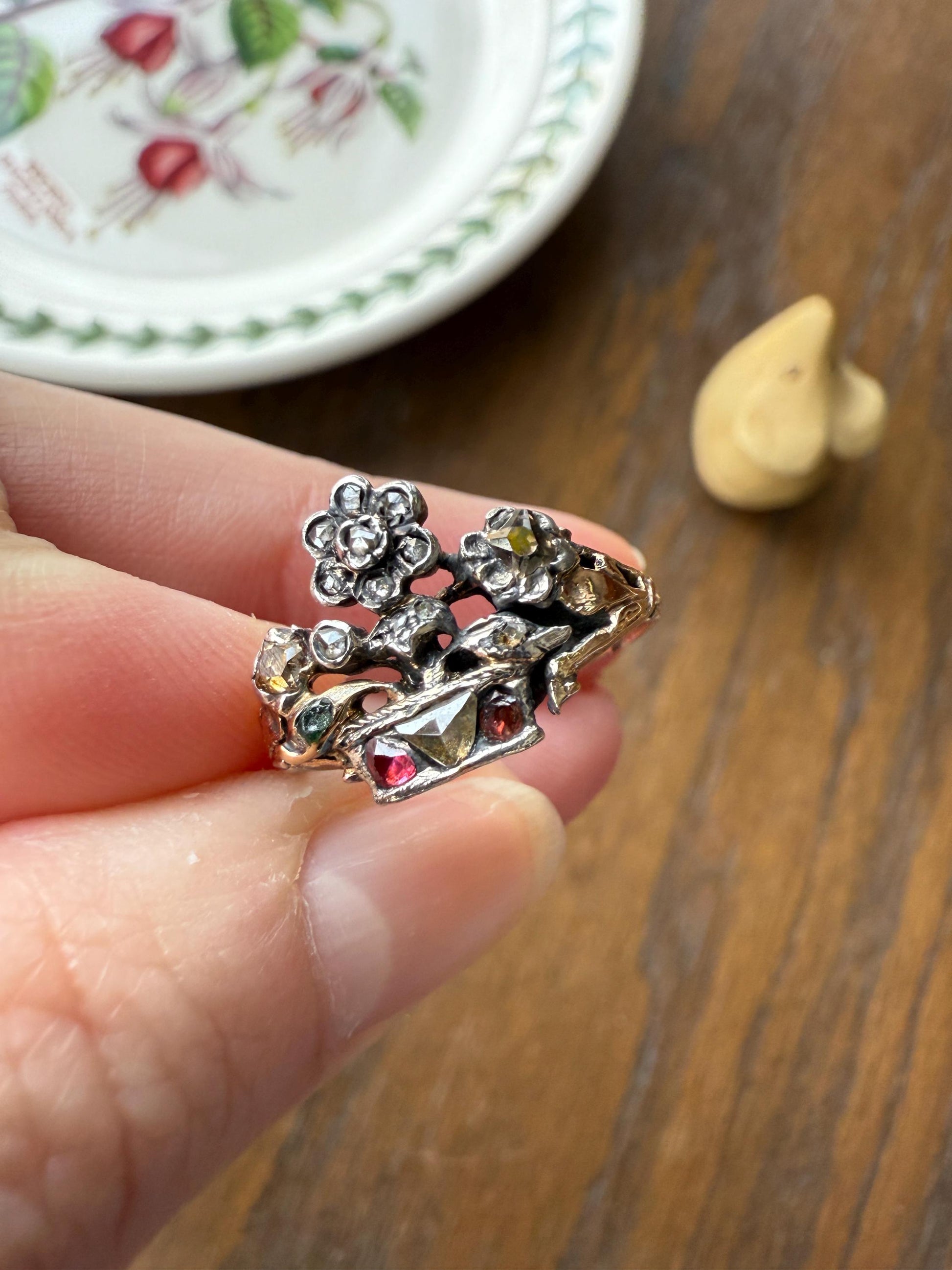 GIARDINETTI Antique Floral Bouquet Ring Flower Basket Rare Peruzzi Chiffre Rose Cut Diamond Garnet Emerald Georgian 14k Gold Rococo 1700s