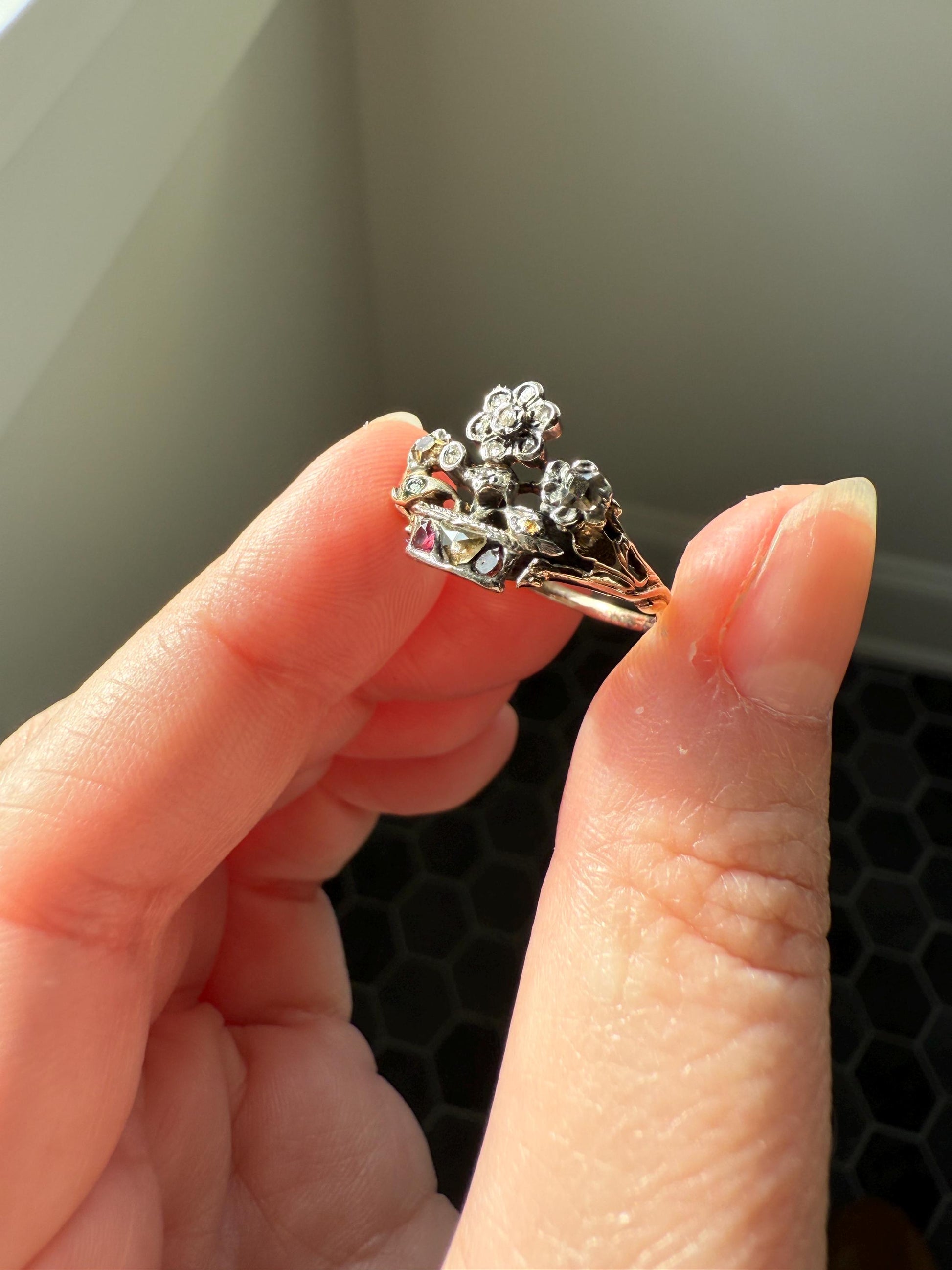 GIARDINETTI Antique Floral Bouquet Ring Flower Basket Rare Peruzzi Chiffre Rose Cut Diamond Garnet Emerald Georgian 14k Gold Rococo 1700s