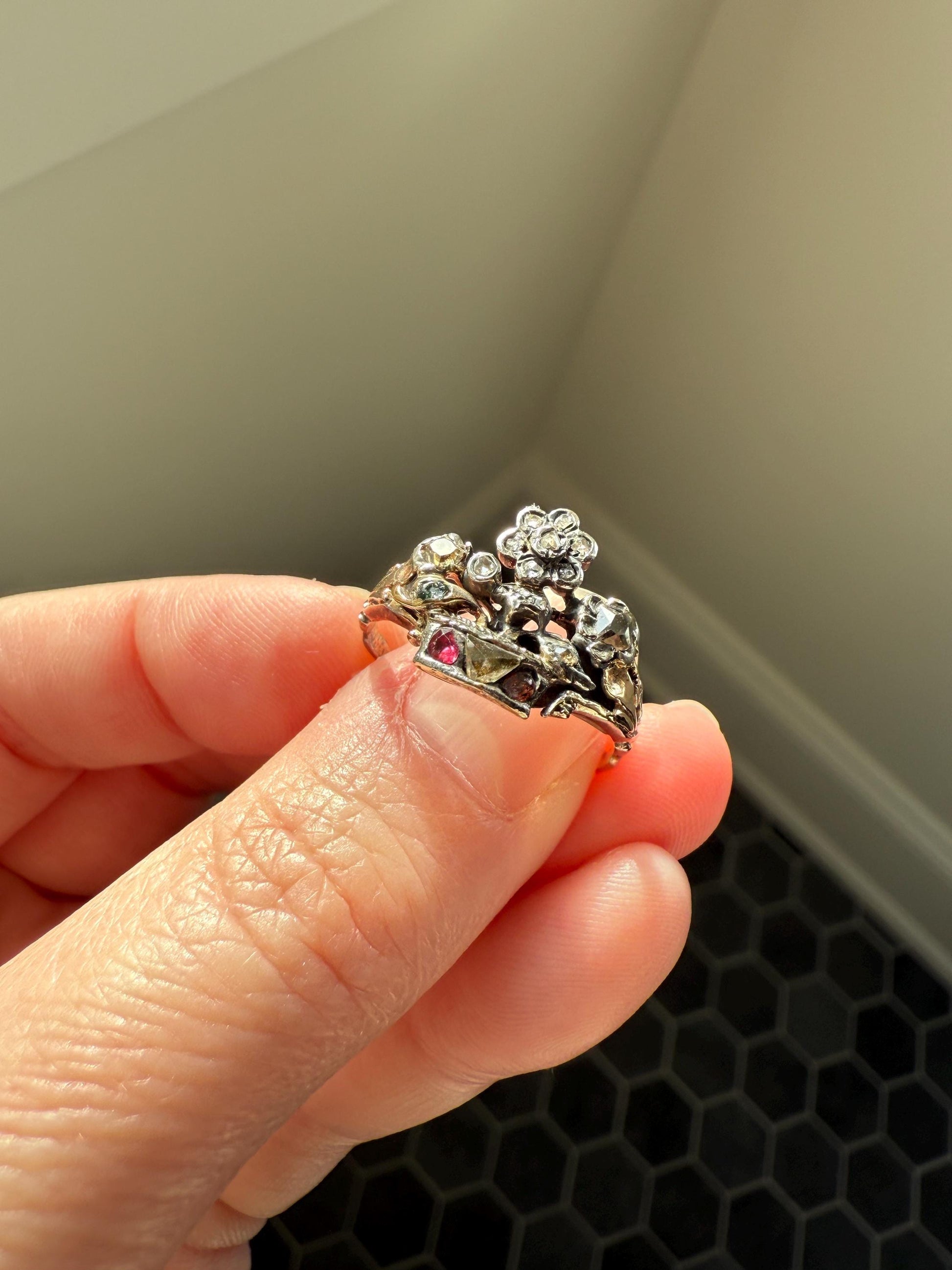 GIARDINETTI Antique Floral Bouquet Ring Flower Basket Rare Peruzzi Chiffre Rose Cut Diamond Garnet Emerald Georgian 14k Gold Rococo 1700s