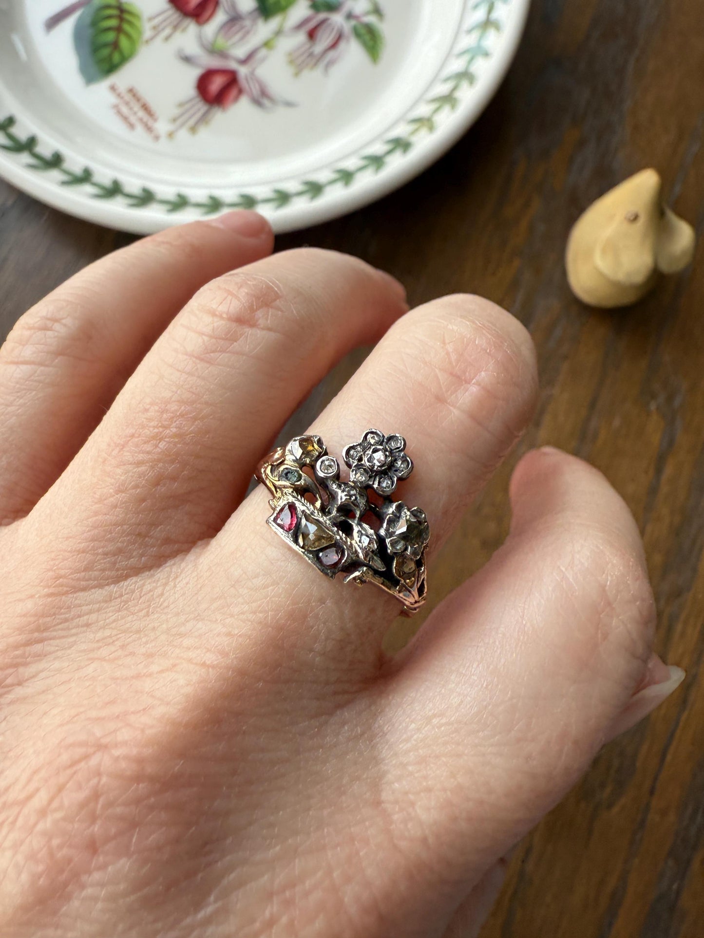 GIARDINETTI Antique Floral Bouquet Ring Flower Basket Rare Peruzzi Chiffre Rose Cut Diamond Garnet Emerald Georgian 14k Gold Rococo 1700s