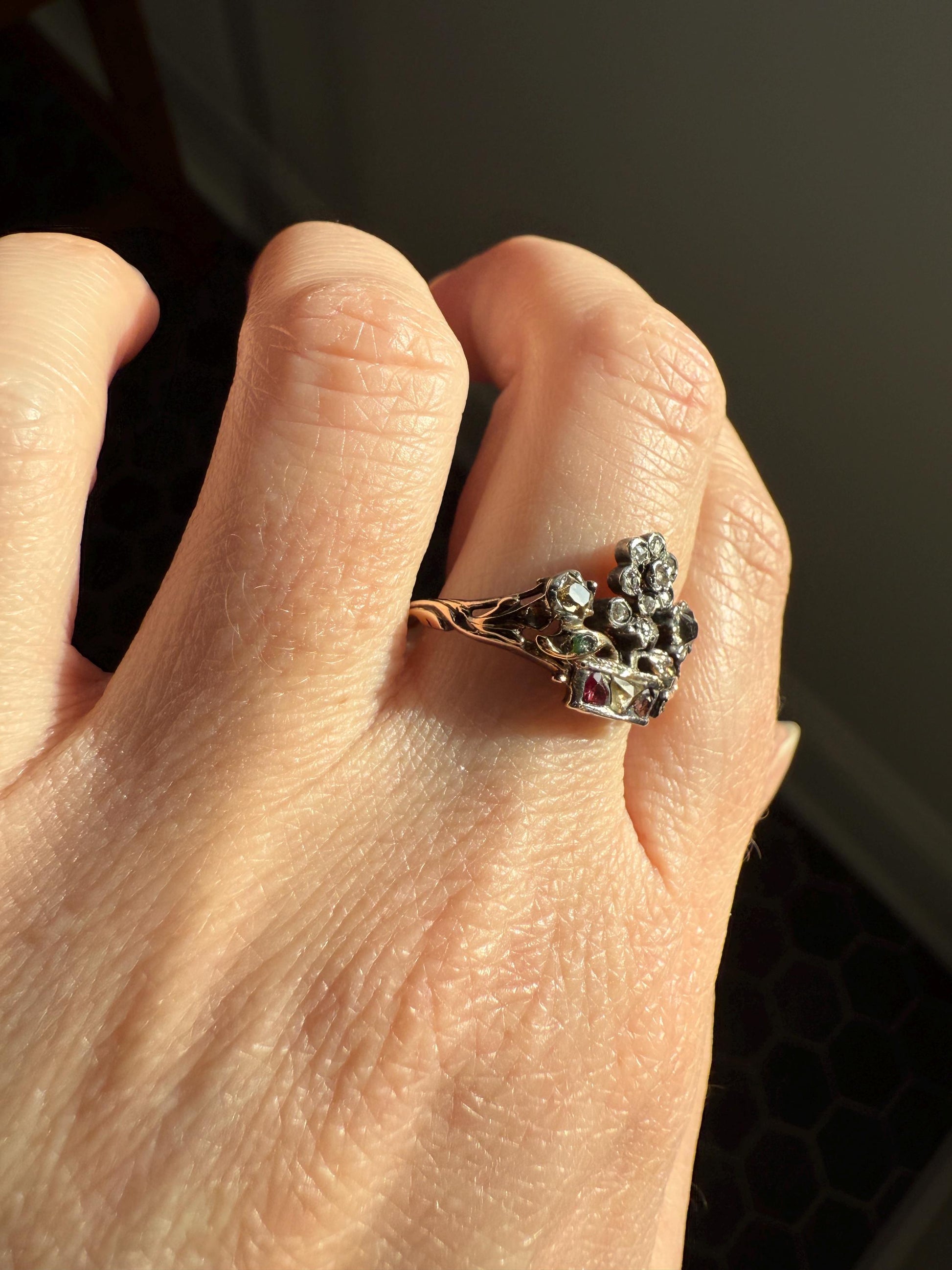 GIARDINETTI Antique Floral Bouquet Ring Flower Basket Rare Peruzzi Chiffre Rose Cut Diamond Garnet Emerald Georgian 14k Gold Rococo 1700s