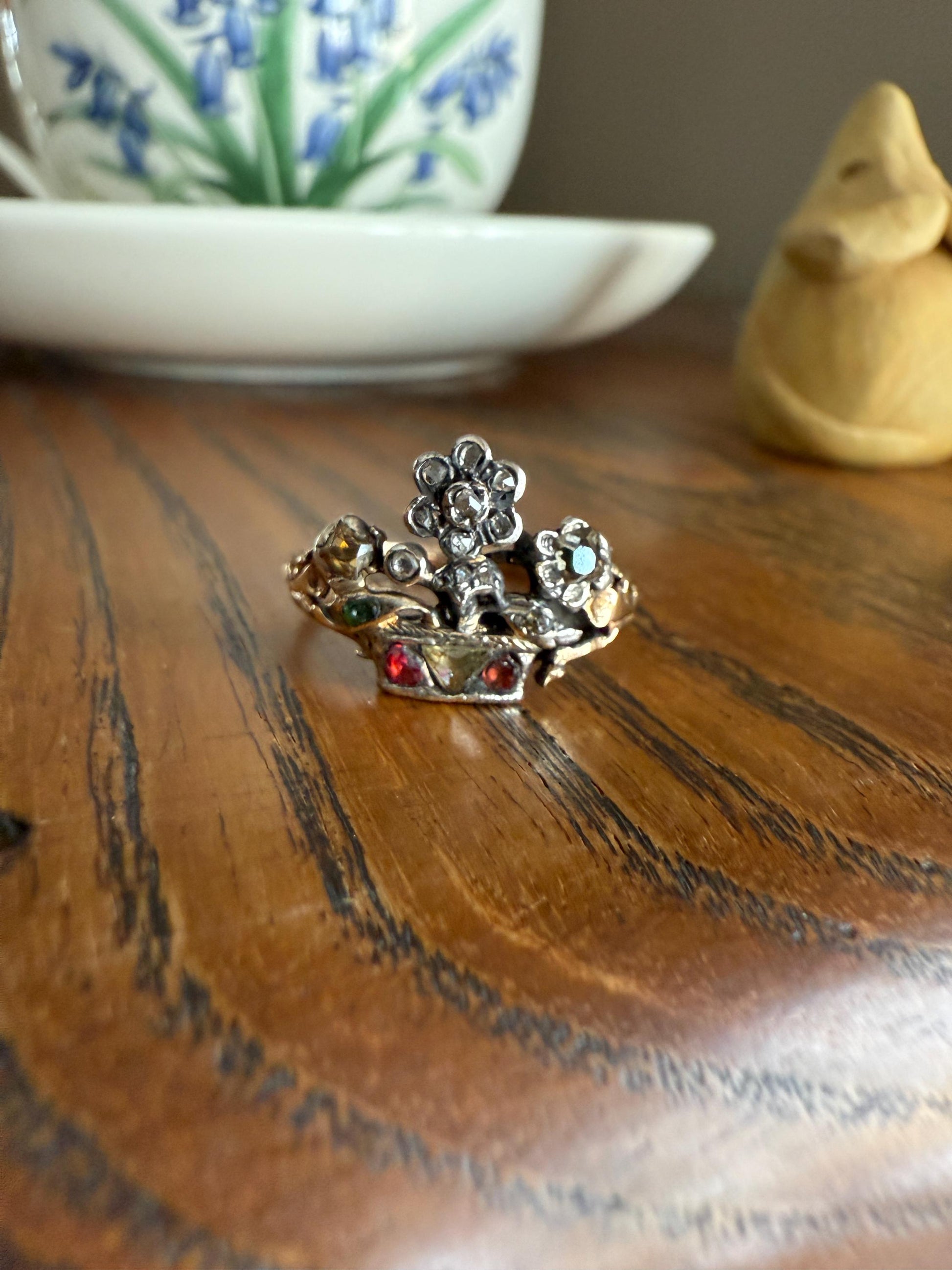 GIARDINETTI Antique Floral Bouquet Ring Flower Basket Rare Peruzzi Chiffre Rose Cut Diamond Garnet Emerald Georgian 14k Gold Rococo 1700s