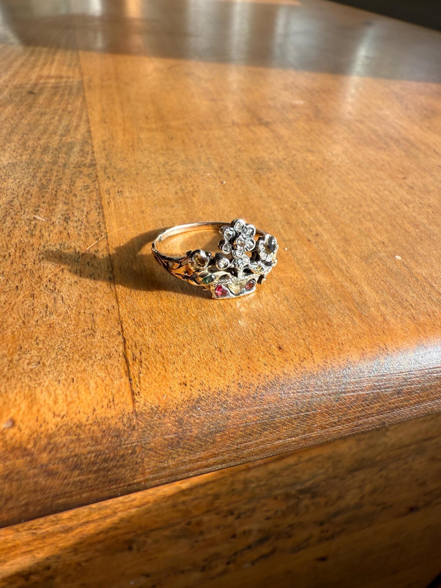 GIARDINETTI Antique Floral Bouquet Ring Flower Basket Rare Peruzzi Chiffre Rose Cut Diamond Garnet Emerald Georgian 14k Gold Rococo 1700s