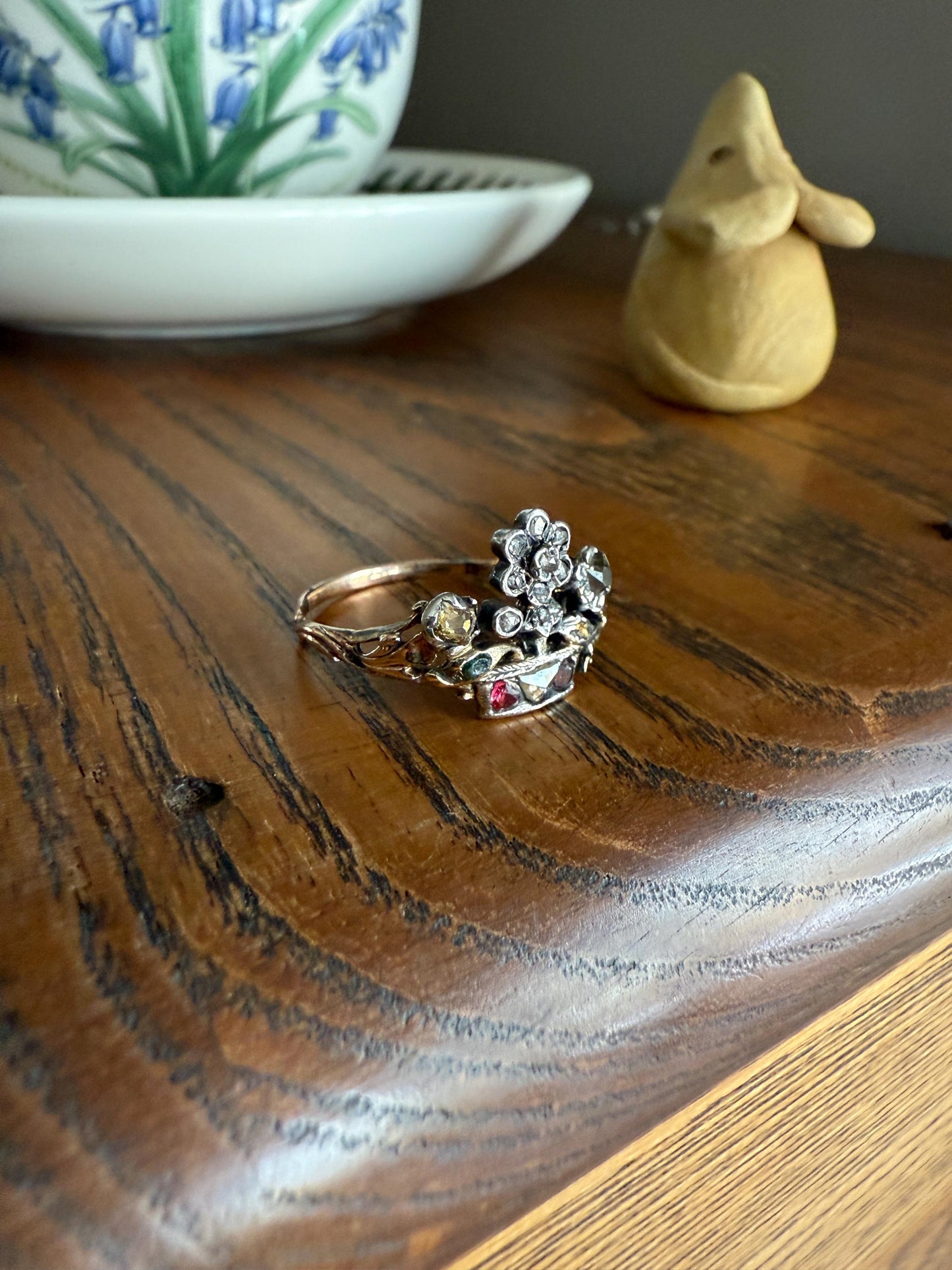 GIARDINETTI Antique Floral Bouquet Ring Flower Basket Rare Peruzzi Chiffre Rose Cut Diamond Garnet Emerald Georgian 14k Gold Rococo 1700s