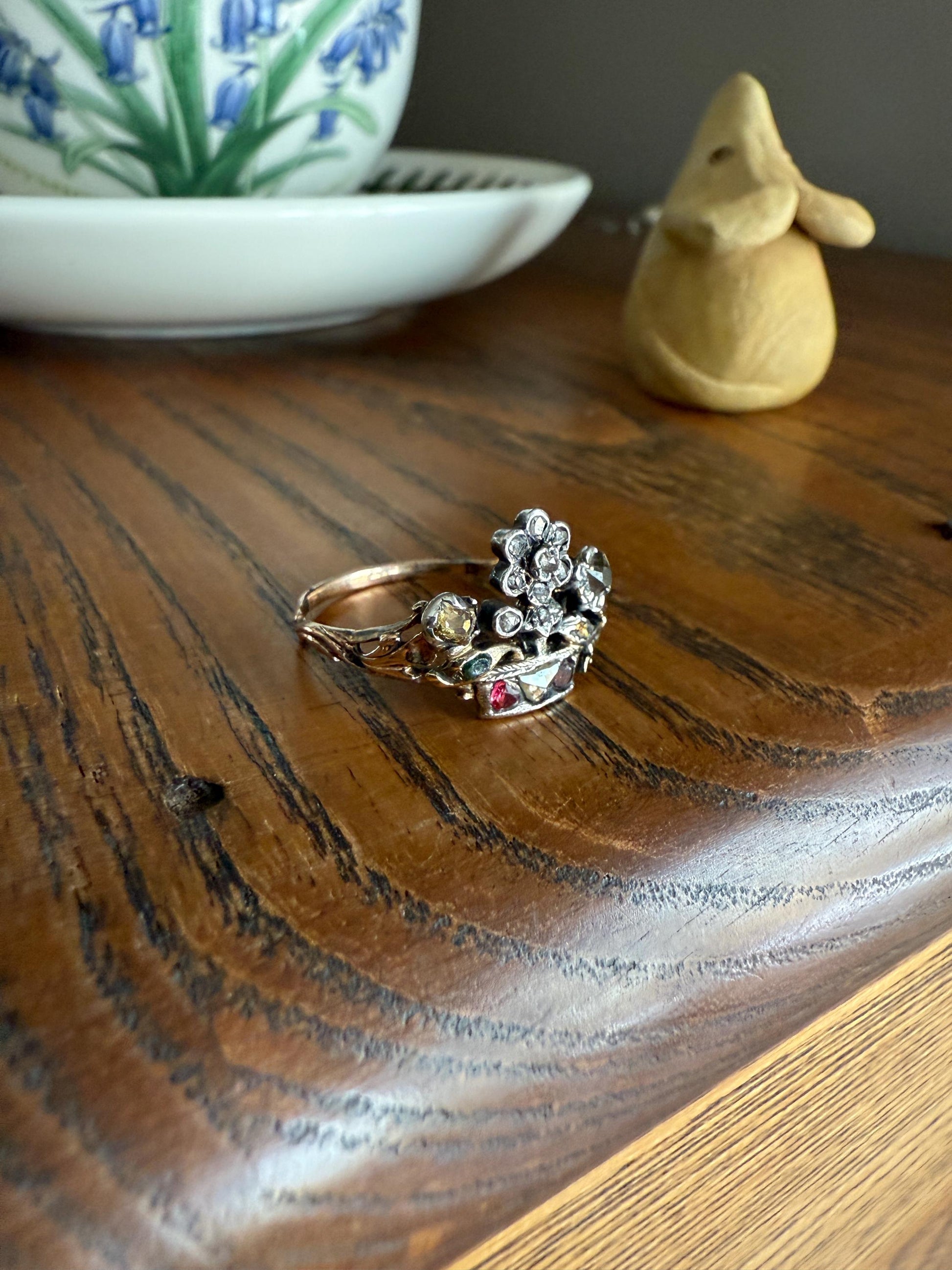 GIARDINETTI Antique Floral Bouquet Ring Flower Basket Rare Peruzzi Chiffre Rose Cut Diamond Garnet Emerald Georgian 14k Gold Rococo 1700s