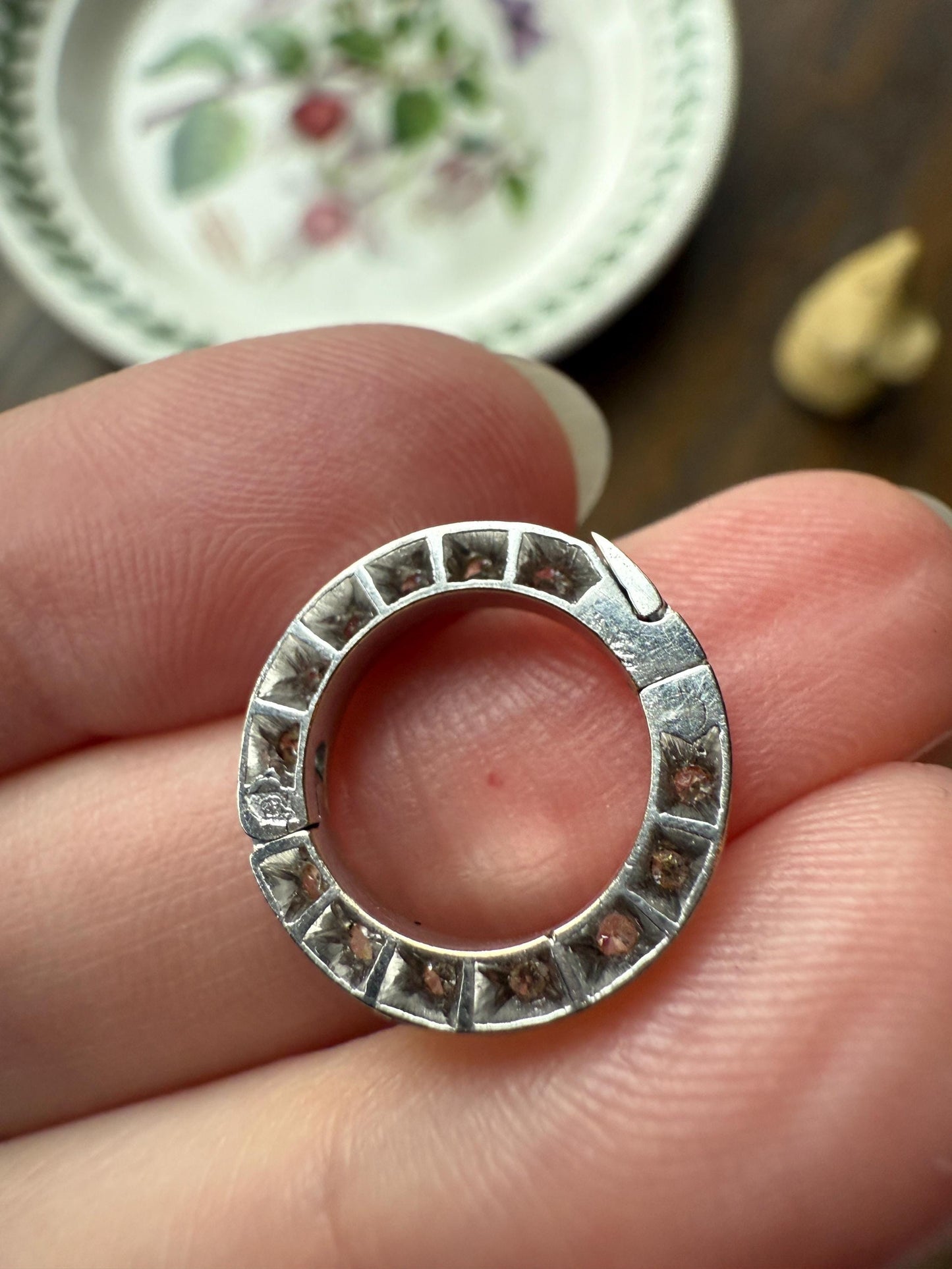 OPENING Art Deco 13 Diamond Encrusted Hinged Bale Circle Pendant Charm Holder Useful Original Parts Findings Vintage Connector