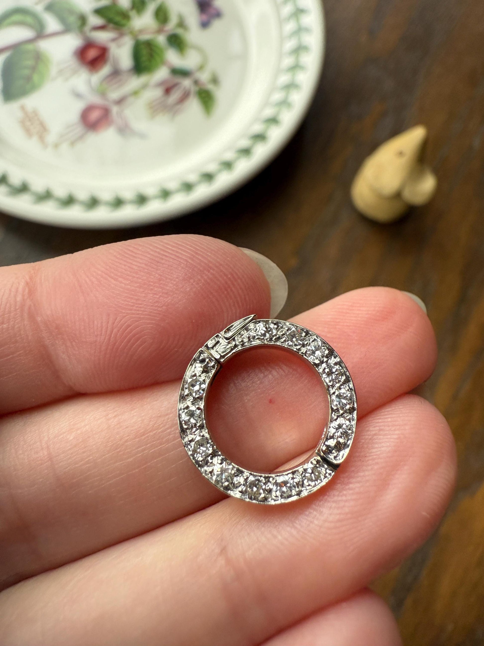 OPENING Art Deco 13 Diamond Encrusted Hinged Bale Circle Pendant Charm Holder Useful Original Parts Findings Vintage Connector