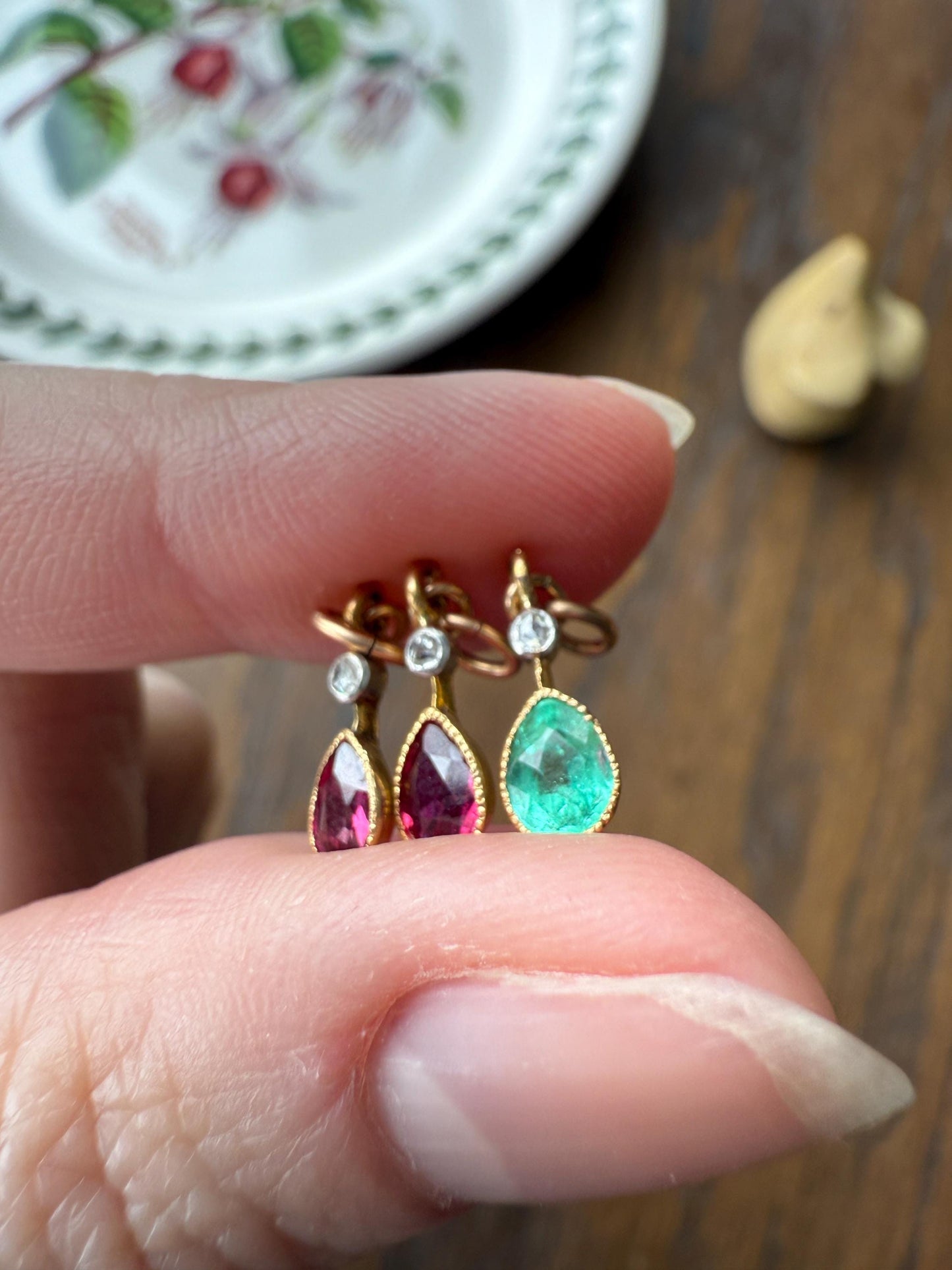 One Teardrop EMERALD VICTORIAN Antique Rose Cut DIAMOND Dangle Pendant Charm 18k Gold French Belle Epoque Pear 3 Avail